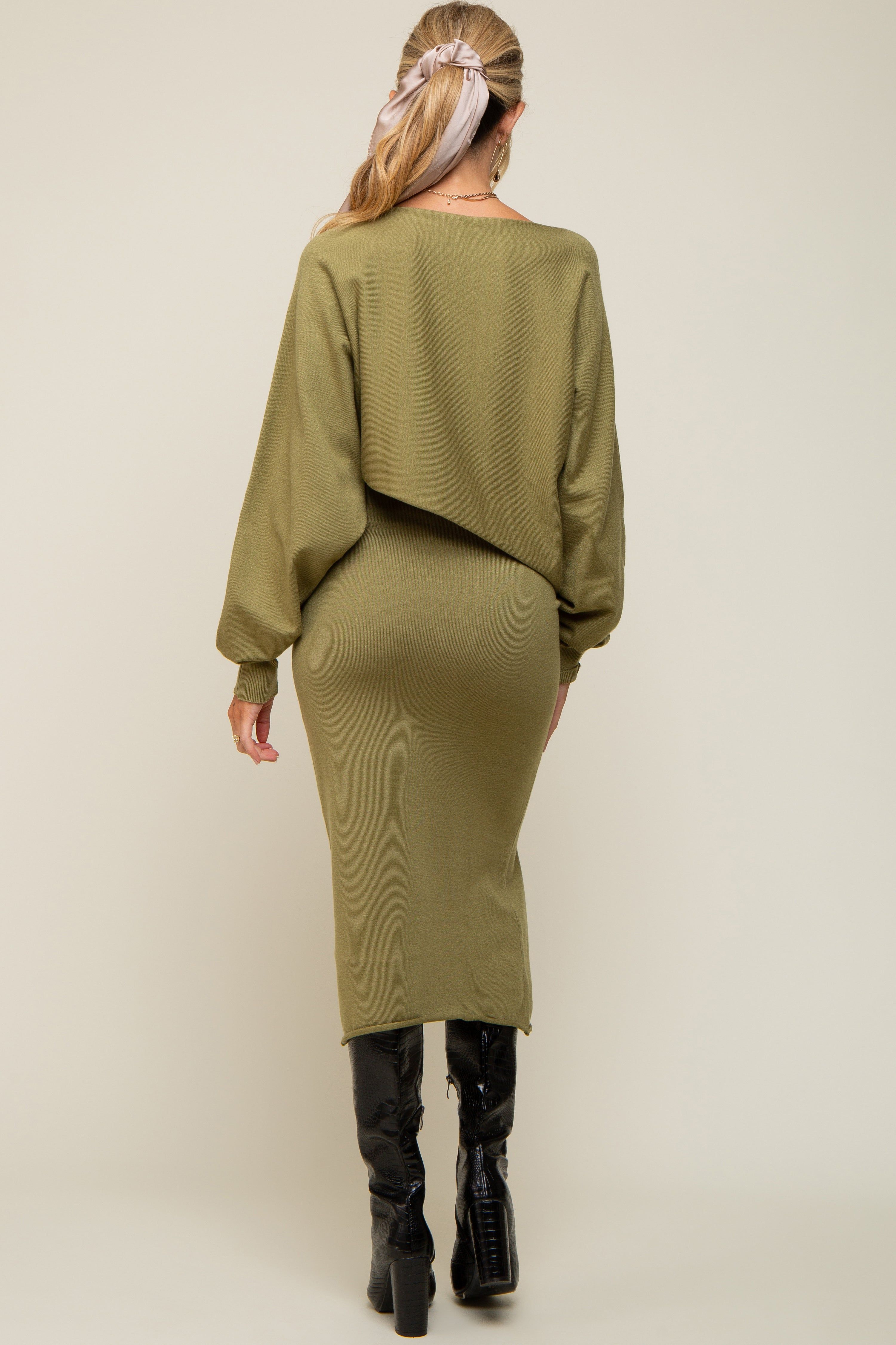 Olive Knit Long Sleeve Crop Top Maternity Midi Skirt Set sold by Pinkblush product image thumbnail 3