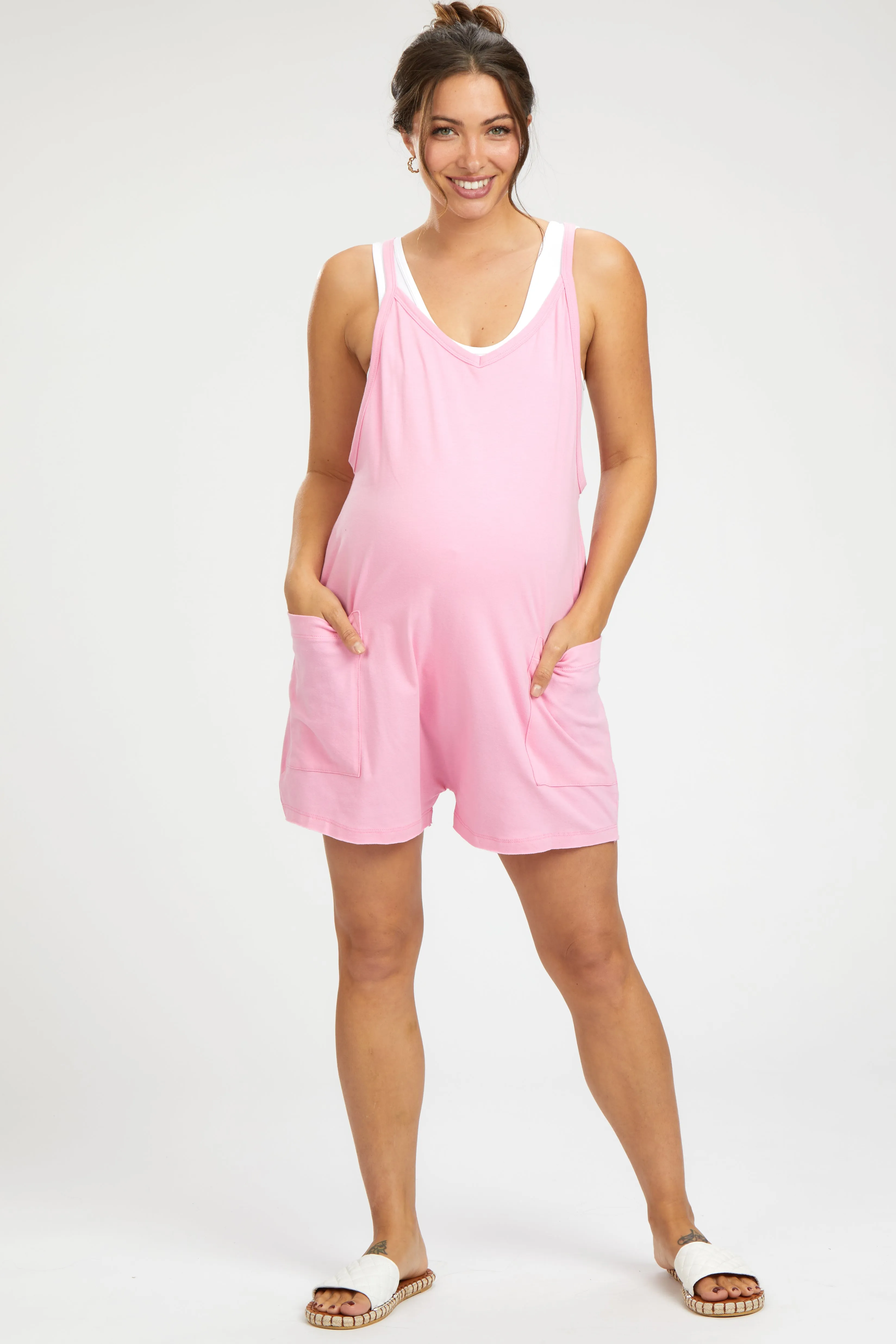 Pink Basic V-Neck Maternity Romper sold by Pinkblush