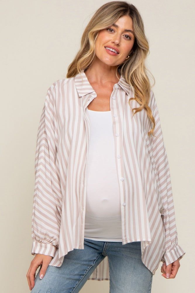 Taupe Striped Button Up Dolman Sleeve Maternity Top sold by Pinkblush