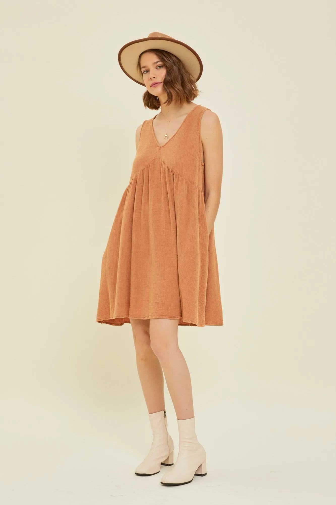 Rust Mineral-Washed Gauze V-Neck Flare Mini sold by Pinkblush product image thumbnail 2