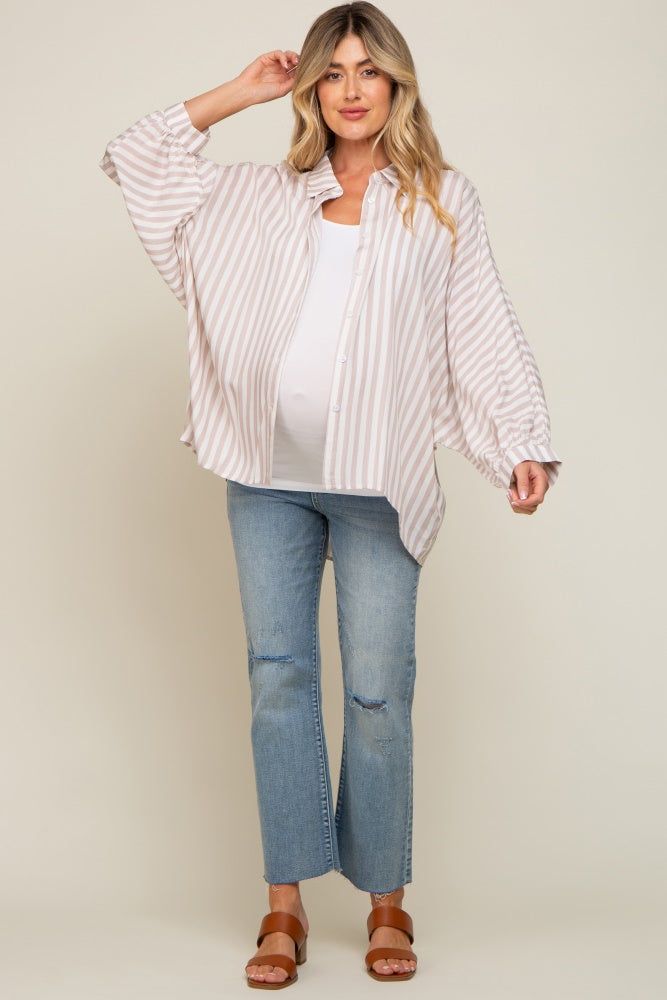 Taupe Striped Button Up Dolman Sleeve Maternity Top sold by Pinkblush product image thumbnail 5