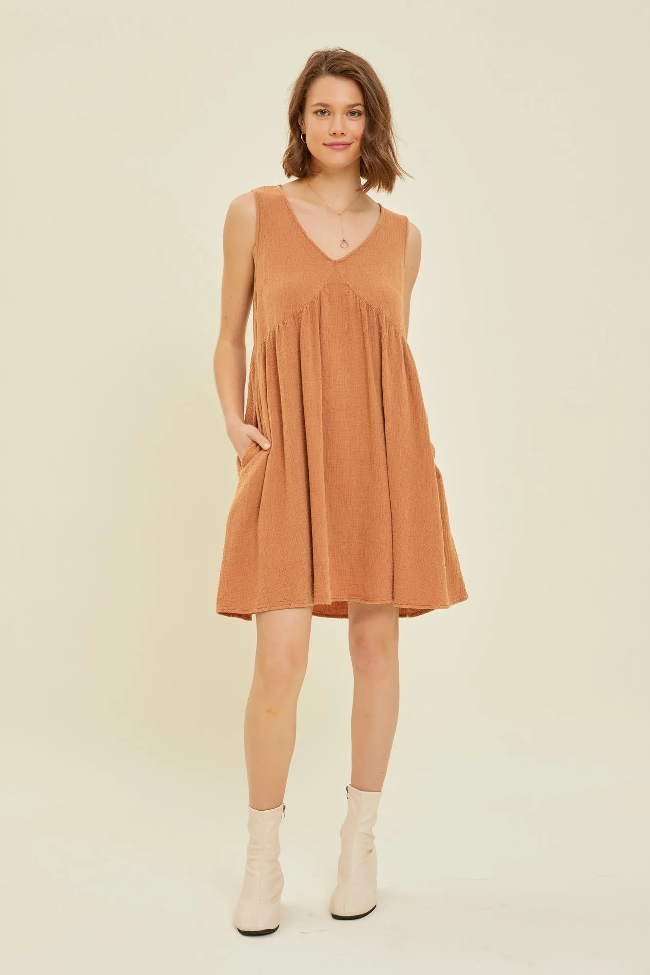 Rust Mineral-Washed Gauze V-Neck Flare Mini sold by Pinkblush