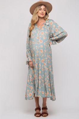 Light Olive Floral Ruffle Long Sleeve Tiered Maternity Maxi Dress sold by Pinkblush