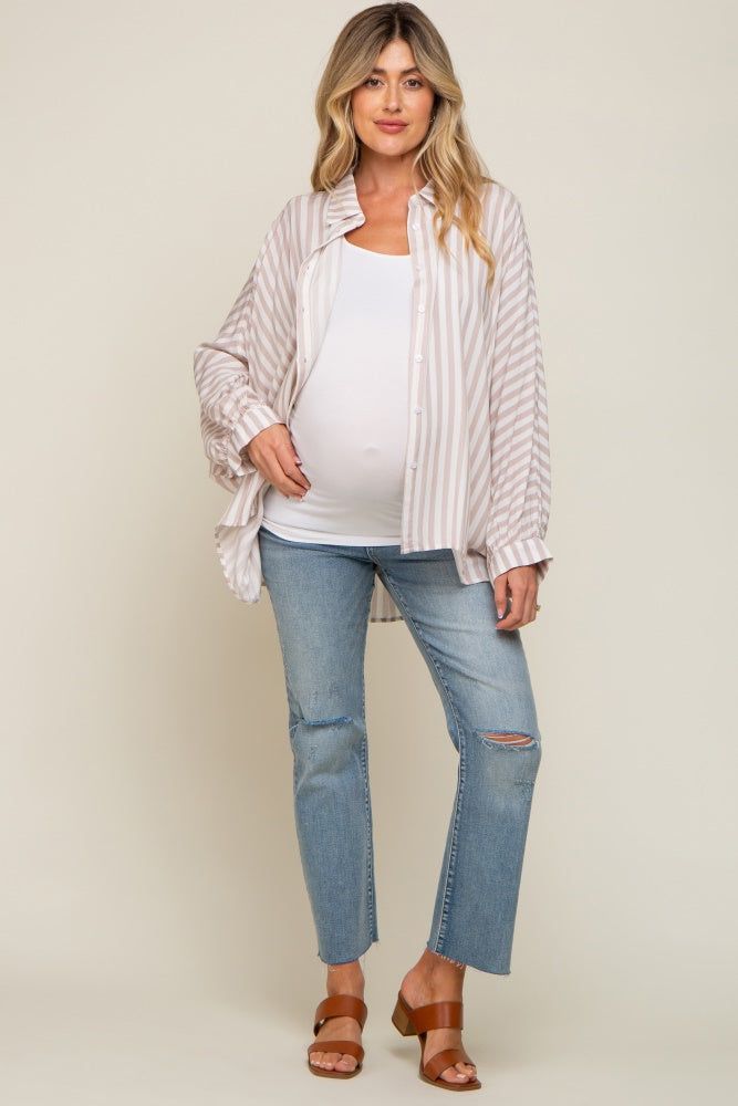 Taupe Striped Button Up Dolman Sleeve Maternity Top sold by Pinkblush product image thumbnail 4