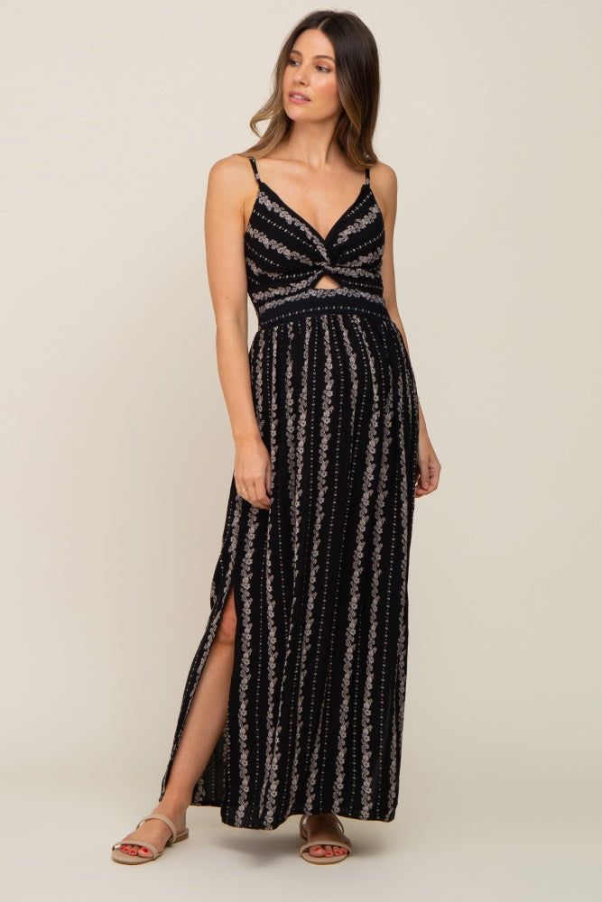 Black Floral Front Cutout Side Slit Maternity Maxi Dress sold by Pinkblush