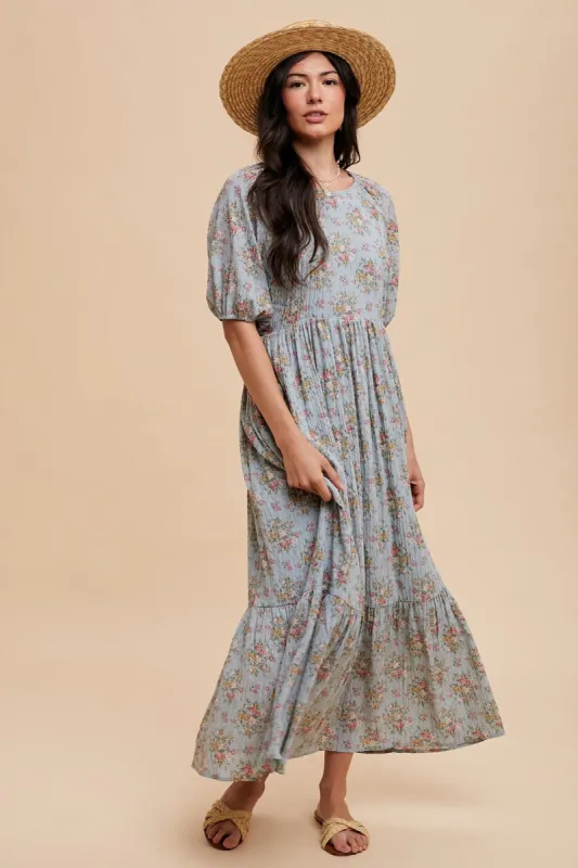 Light Blue Floral Textured Tied Open Back Maxi Dress sold by Pinkblush