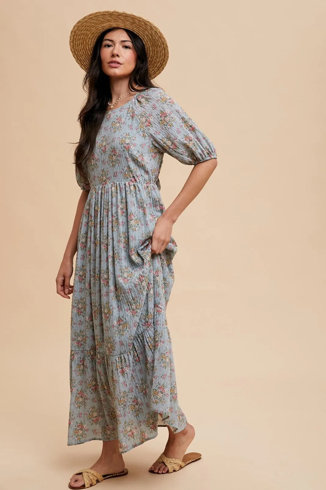 Light Blue Floral Textured Tied Open Back Maxi Dress sold by Pinkblush product image thumbnail 2