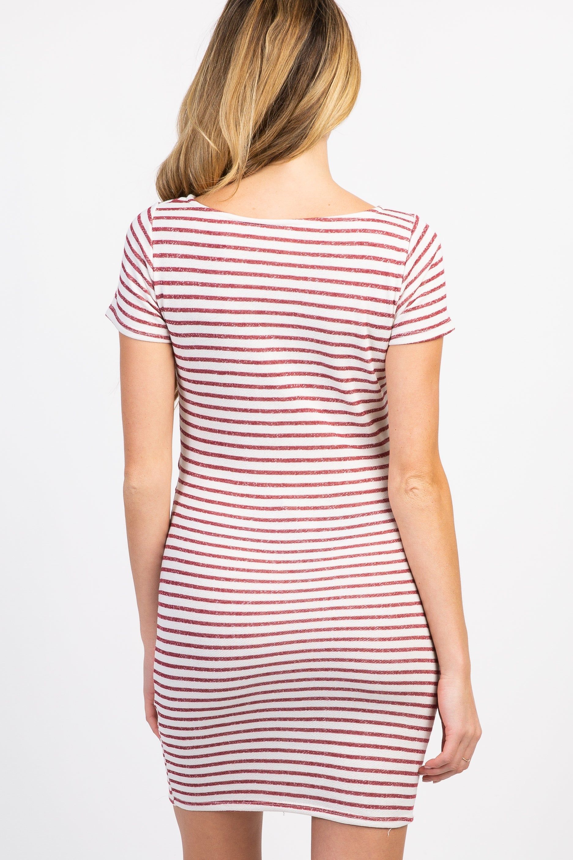 PinkBlush Petite Burgundy Striped Fitted Short Sleeve Maternity Dress sold by Pinkblush product image thumbnail 4