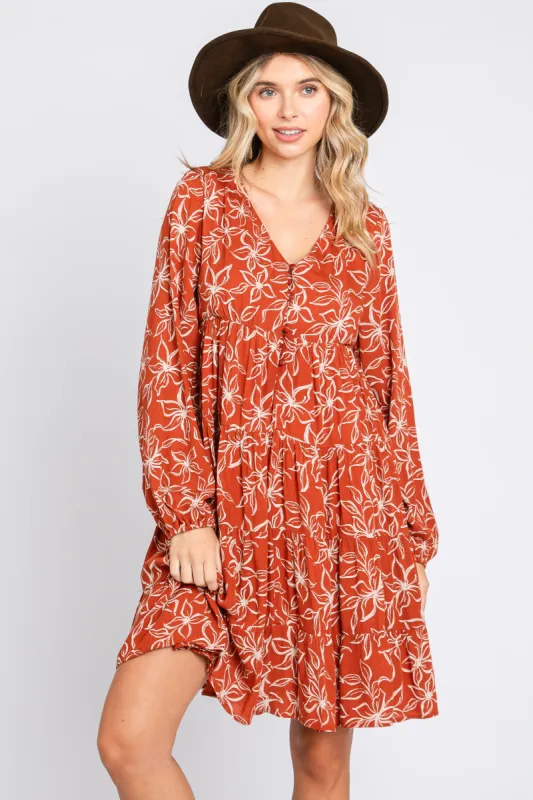 Rust Floral Button Front Tiered Dress sold by Pinkblush