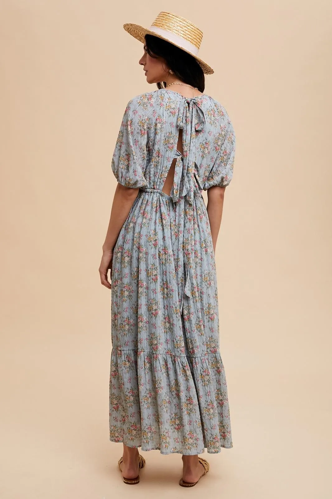 Light Blue Floral Textured Tied Open Back Maxi Dress sold by Pinkblush product image thumbnail 3