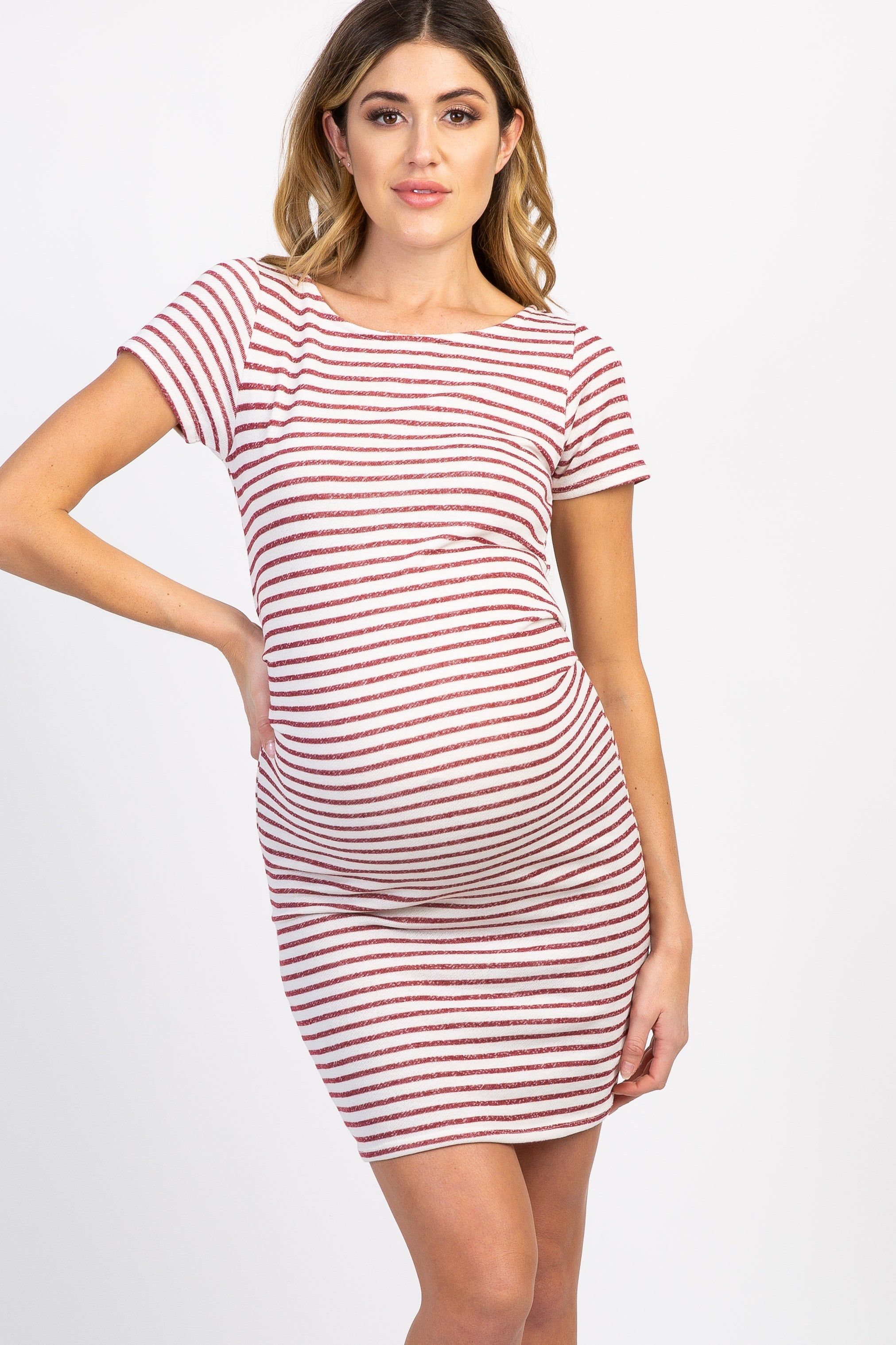PinkBlush Petite Burgundy Striped Fitted Short Sleeve Maternity Dress sold by Pinkblush product image thumbnail 2