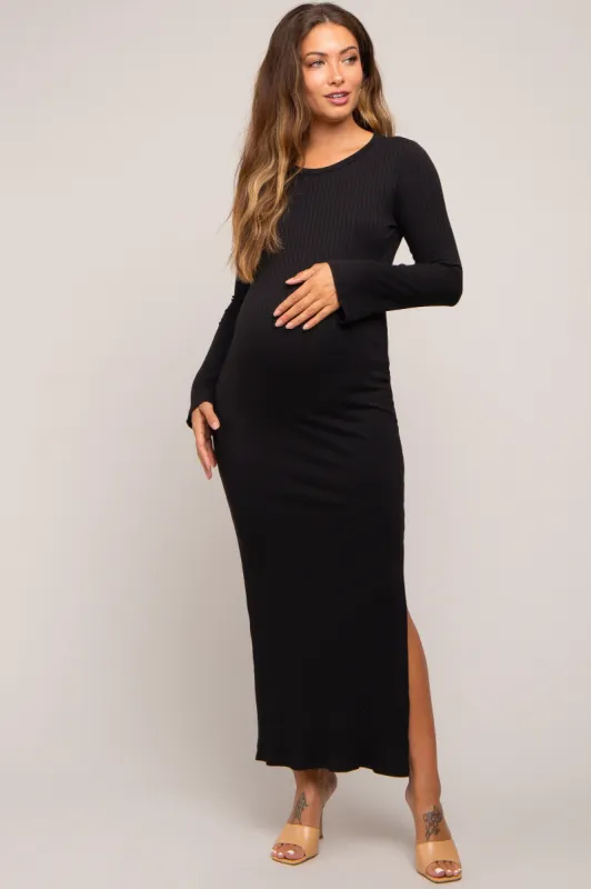 Black Ribbed Side Slit Maternity Maxi Dress sold by Pinkblush
