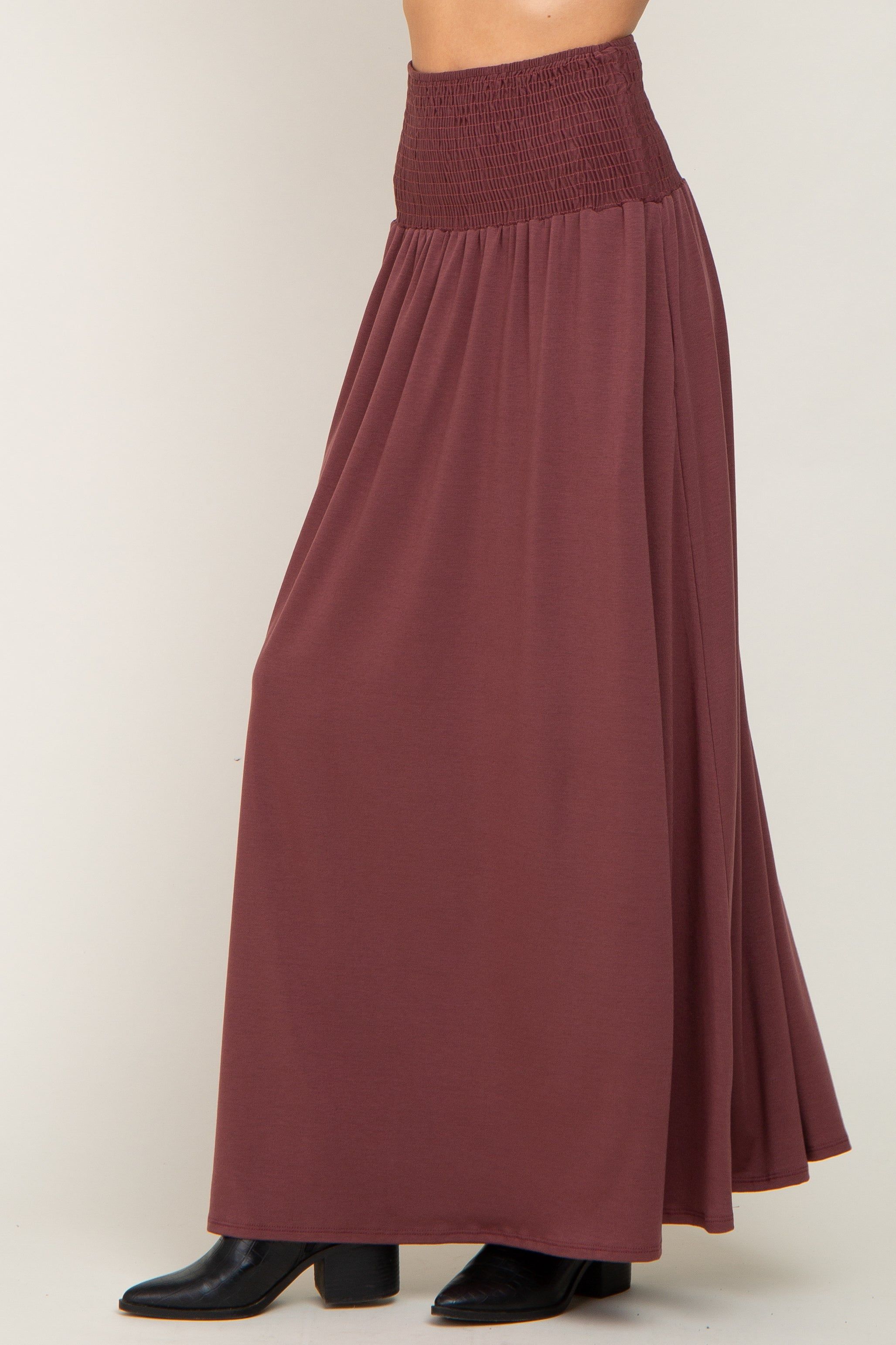 Burgundy Smocked High Waisted Maxi Skirt sold by Pinkblush product image thumbnail 3