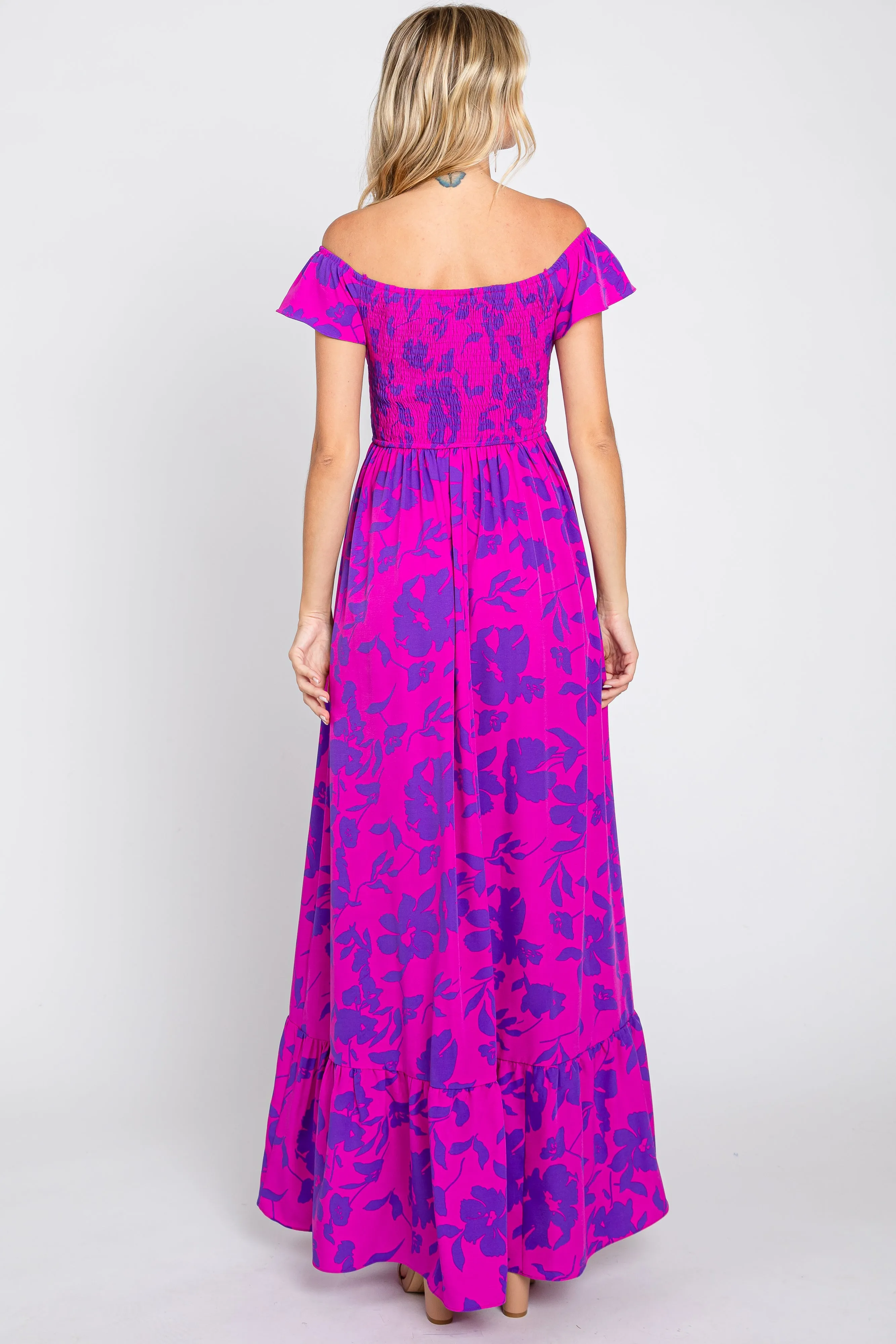 Magenta Floral Smocked Cinched Top Maxi Dress sold by Pinkblush product image thumbnail 3