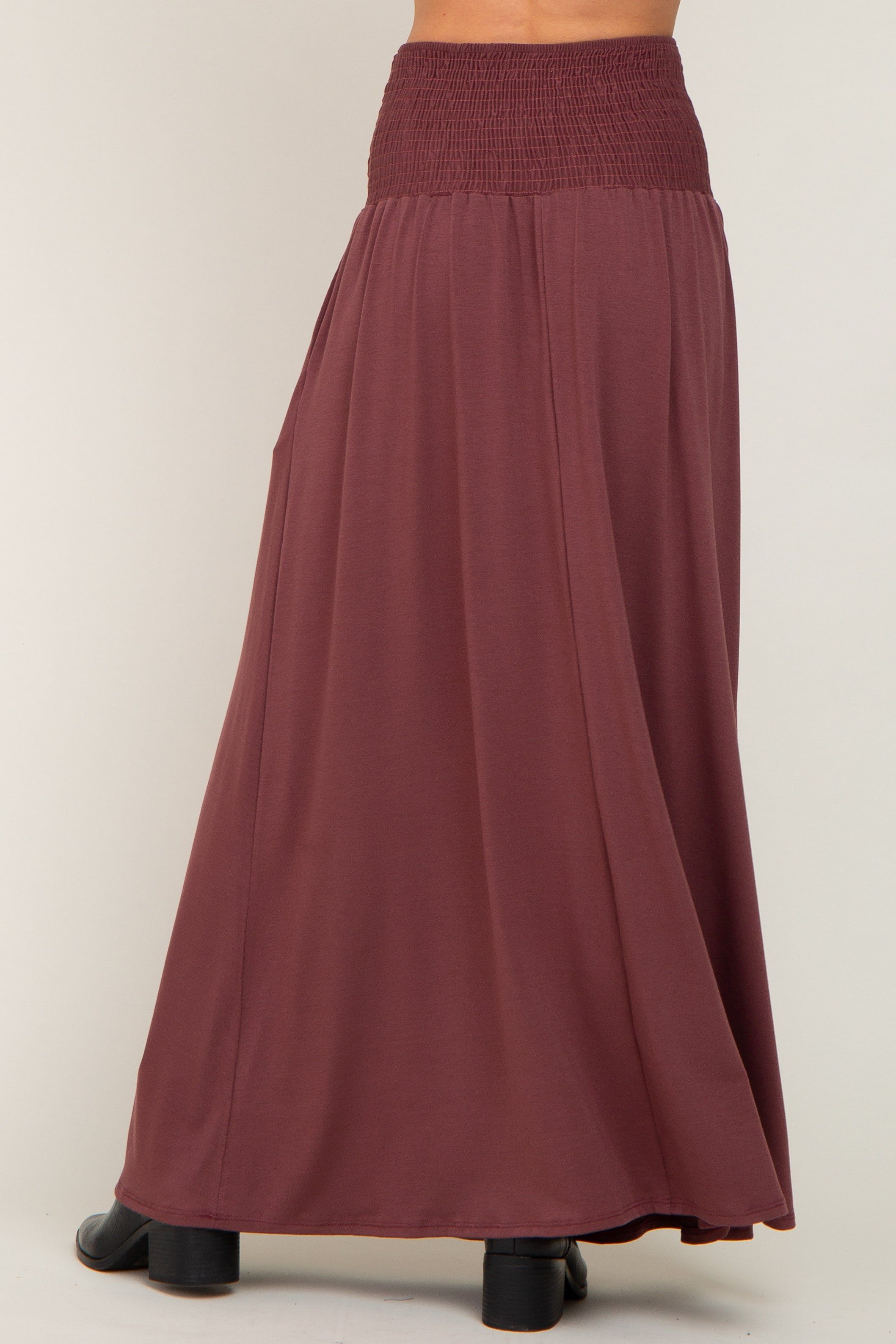 Burgundy Smocked High Waisted Maxi Skirt sold by Pinkblush product image thumbnail 4