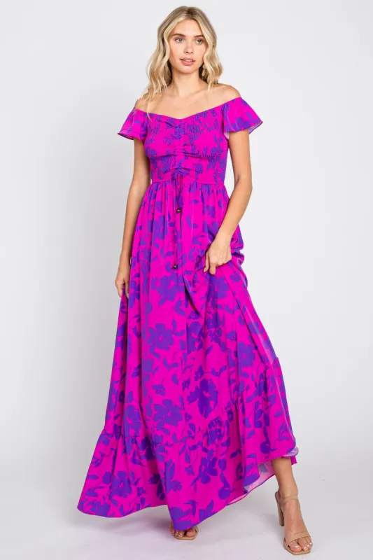 Magenta Floral Smocked Cinched Top Maxi Dress sold by Pinkblush
