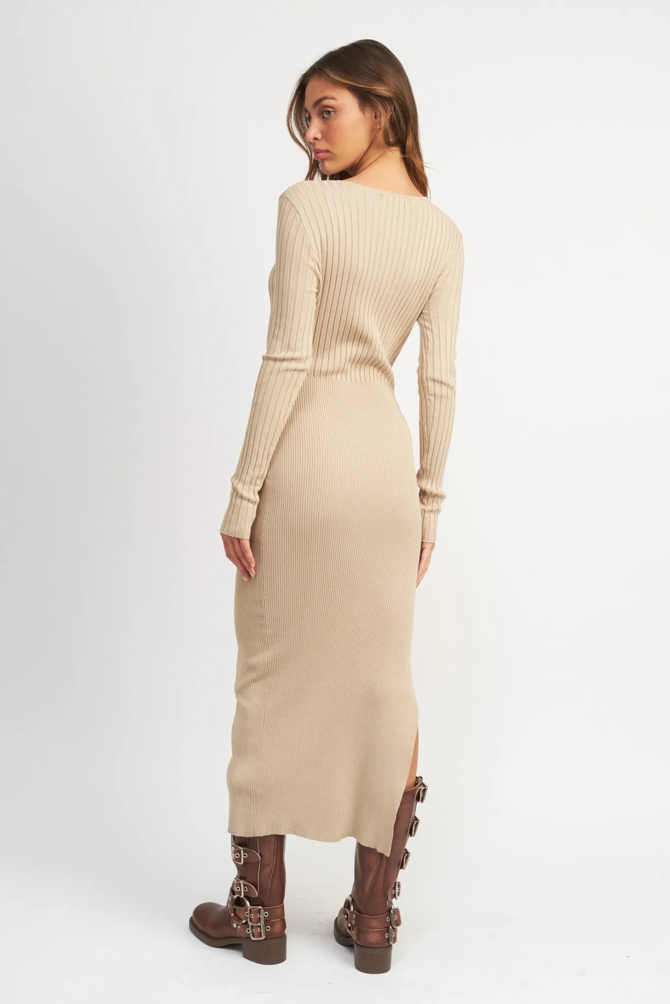 Beige Ribbed Fitted Long Sleeve Maxi Dress sold by Pinkblush product image thumbnail 3