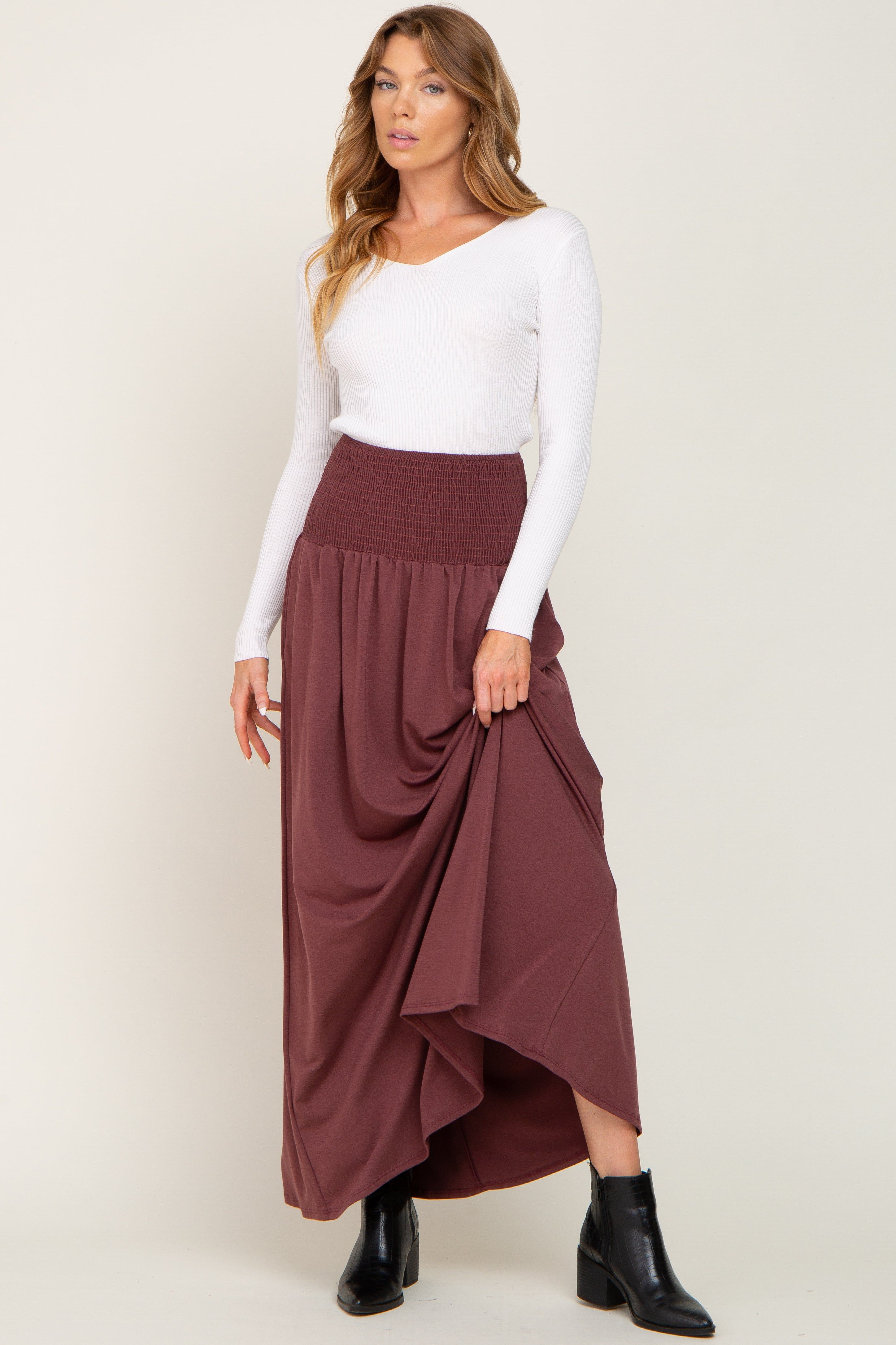 Burgundy Smocked High Waisted Maxi Skirt sold by Pinkblush product image thumbnail 5