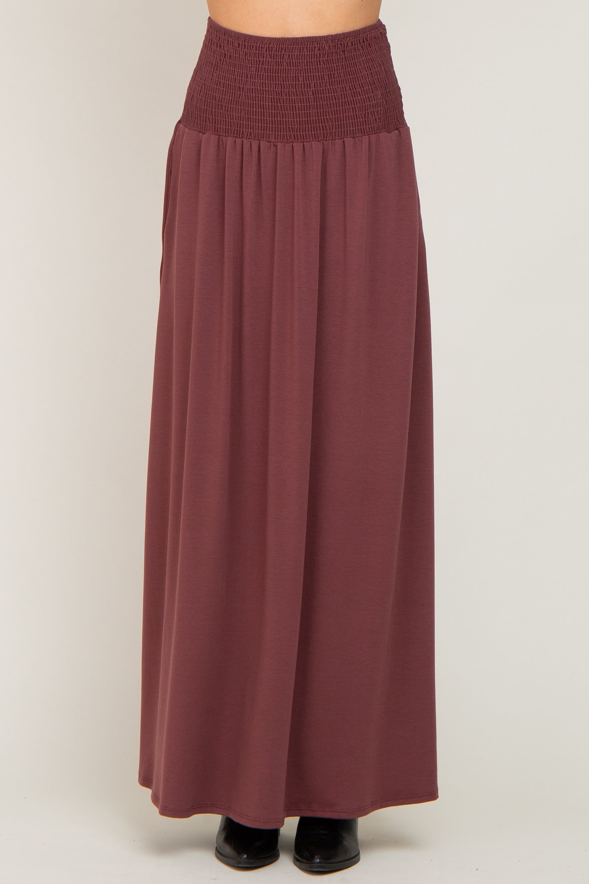 Burgundy Smocked High Waisted Maxi Skirt sold by Pinkblush product image thumbnail 2