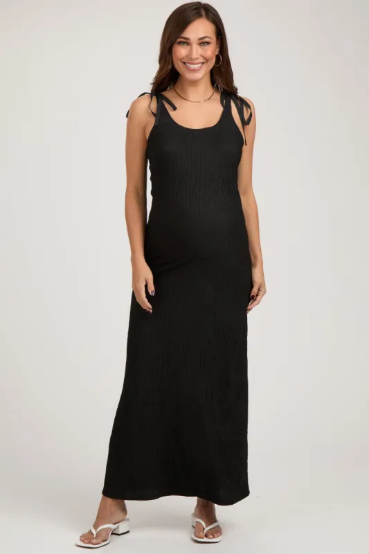 Black Textured Tie Strap Maternity Midi Dress sold by Pinkblush