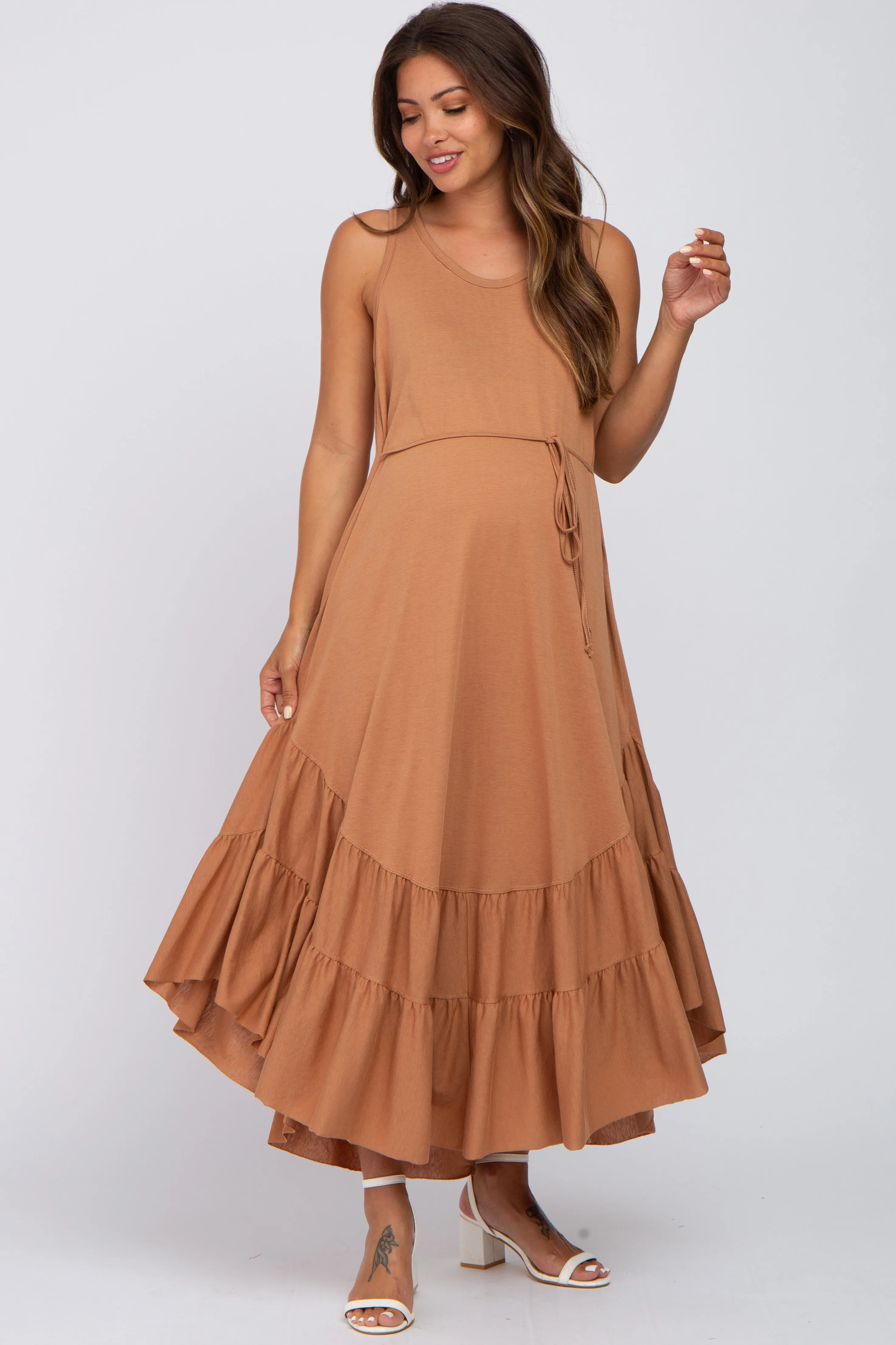 Rust Ruffle Hem Maternity Midi Dress sold by Pinkblush