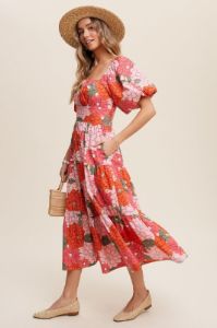 Coral Flower Print Tiered Midi Dress sold by Pinkblush