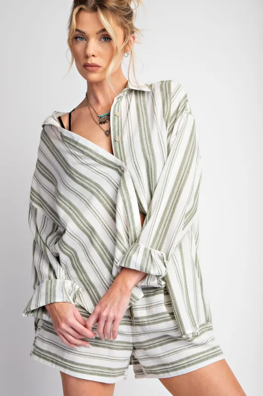 Olive Yarn Dye Stripe Button Down Top sold by Pinkblush