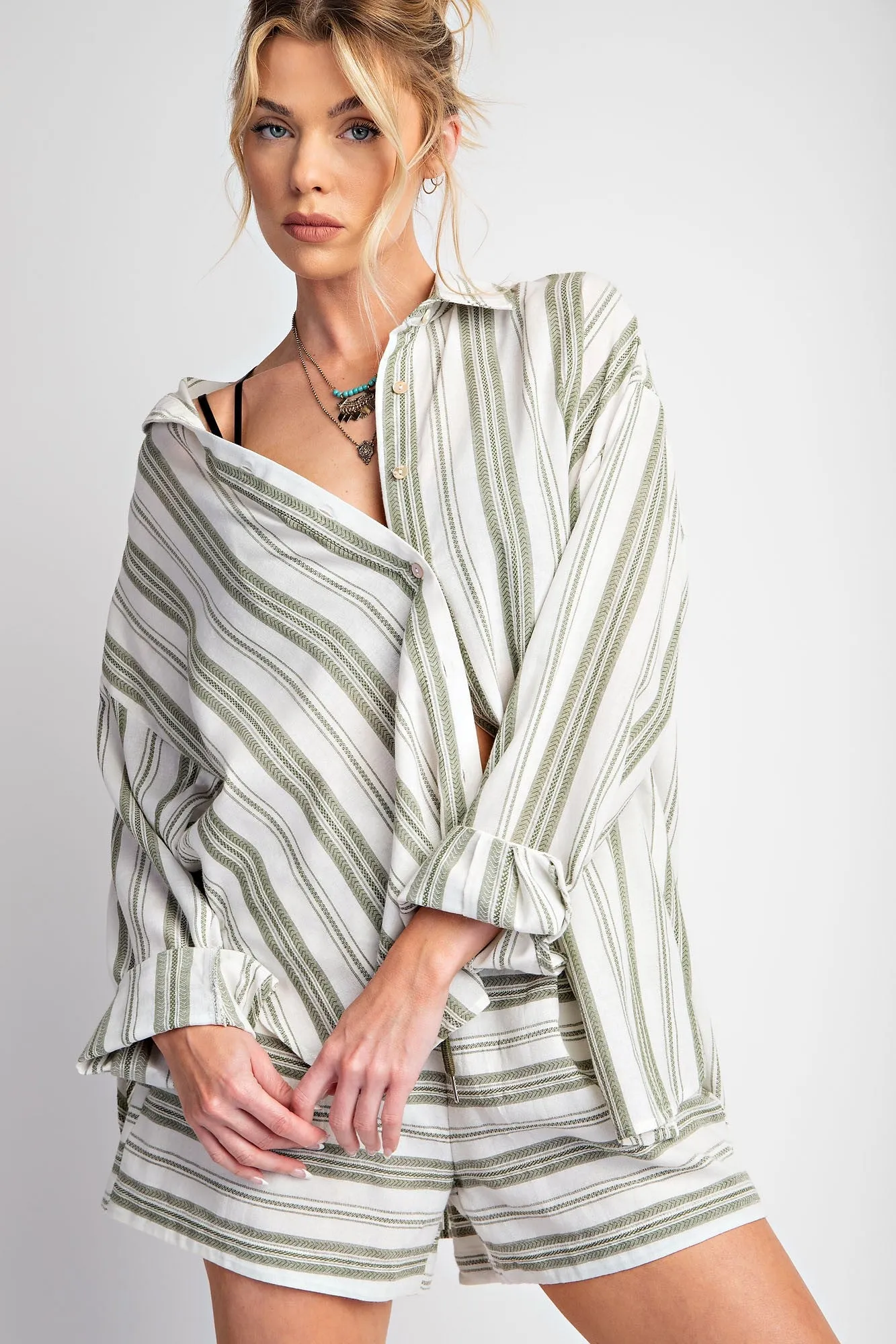 Olive Yarn Dye Stripe Button Down Top sold by Pinkblush