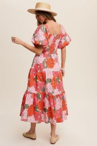Coral Flower Print Tiered Midi Dress sold by Pinkblush
