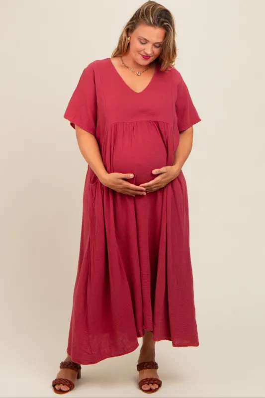 Red Gauze Short Sleeve Maternity Plus Midi Dress sold by Pinkblush
