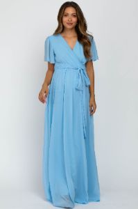 Light Blue Chiffon Short Sleeve Maternity Maxi Dress sold by Pinkblush