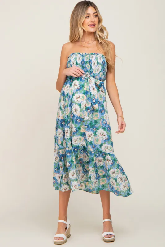 Blue Floral Smocked Strapless Maternity Midi Dress sold by Pinkblush