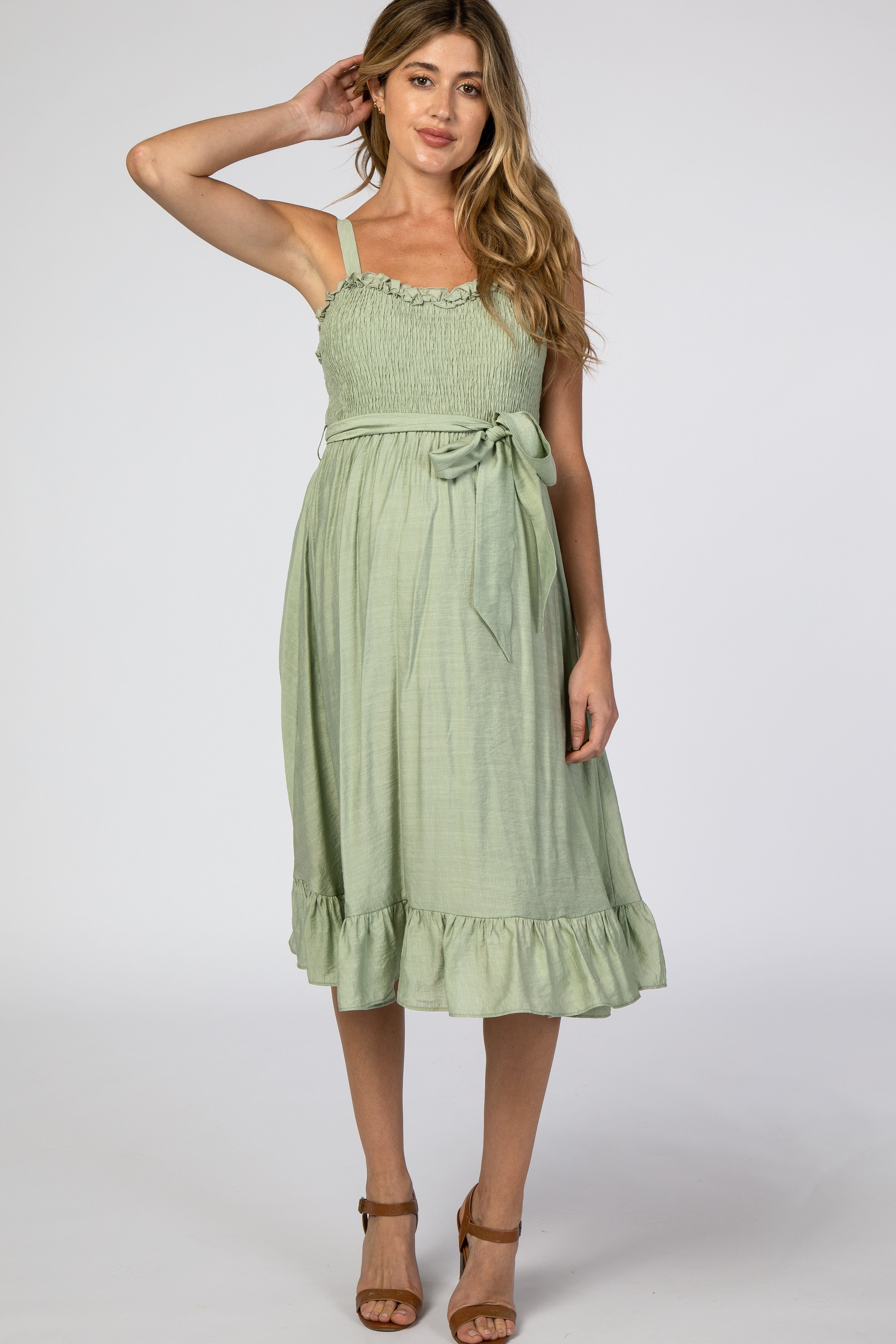 Green Ruffle Smocked Maternity Dress sold by Pinkblush