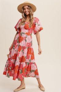 Coral Flower Print Tiered Midi Dress sold by Pinkblush