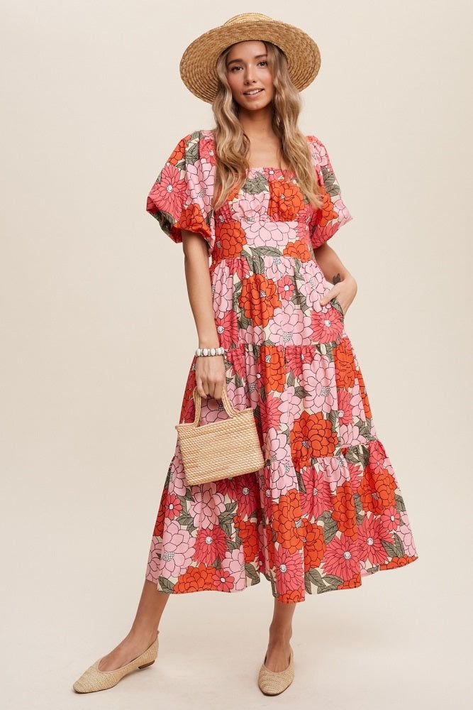 Coral Flower Print Tiered Midi Dress sold by Pinkblush