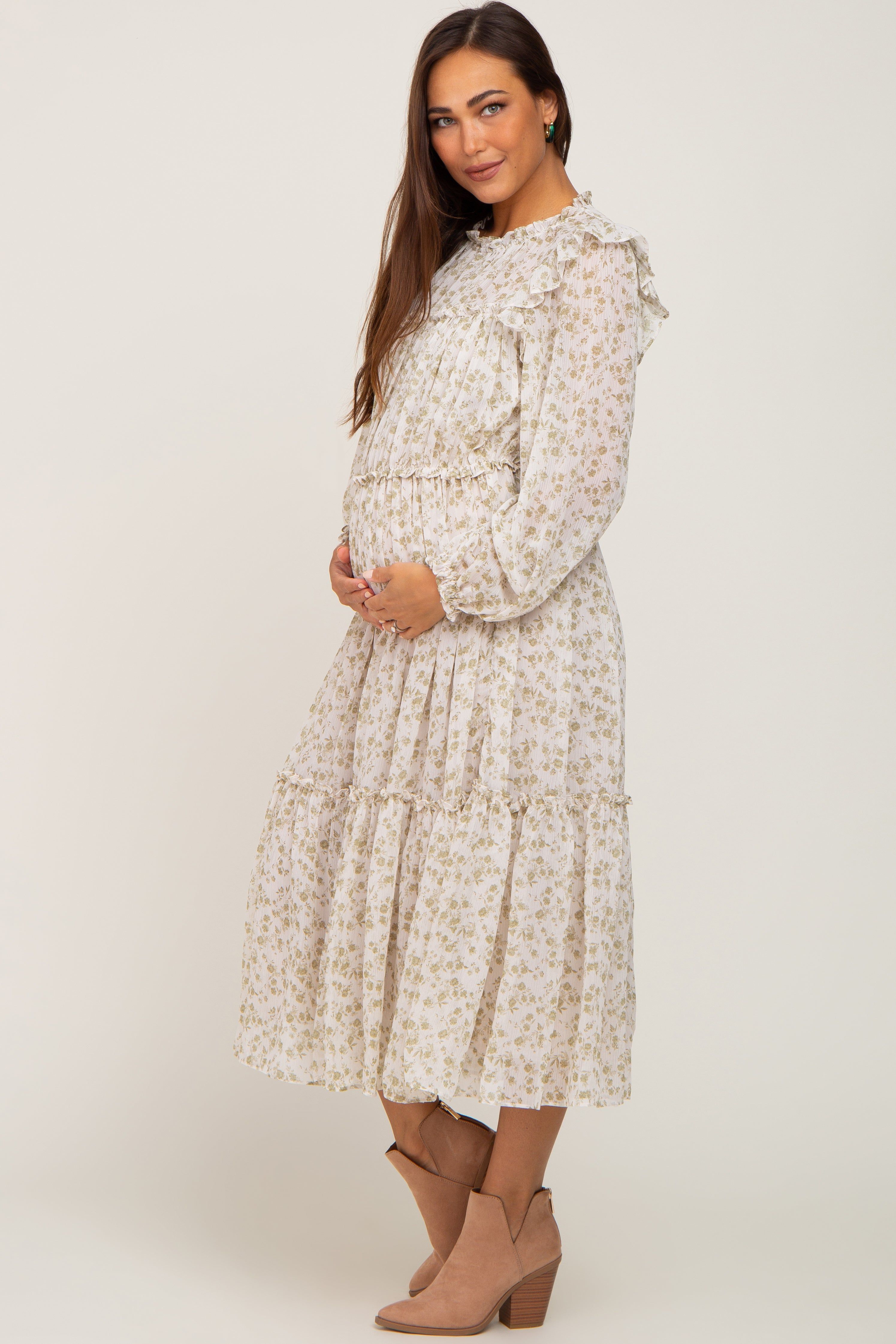 Ivory Floral Chiffon Ruffle Tiered Maternity Midi Dress sold by Pinkblush product image thumbnail 2