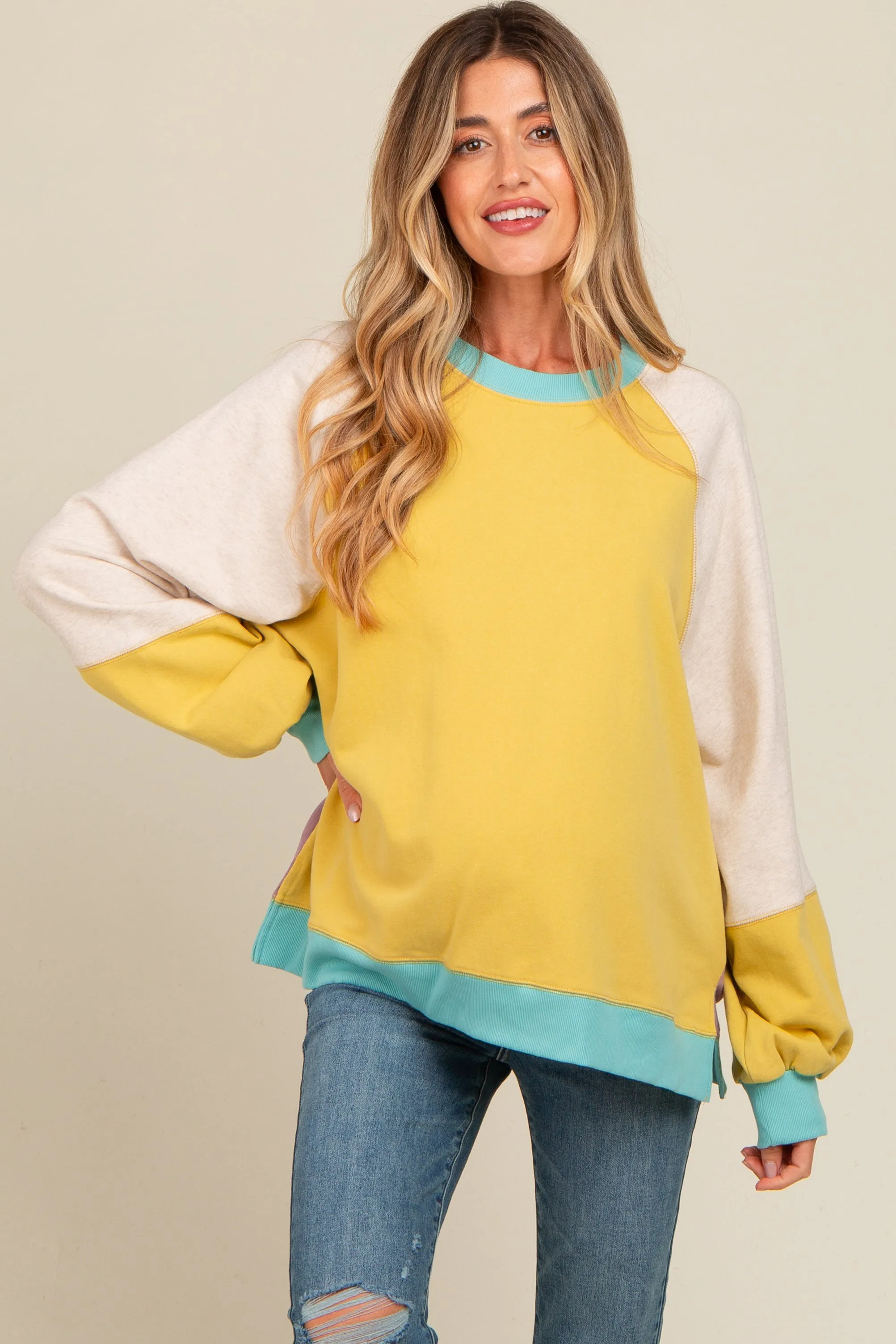 Yellow Colorblock Bubble Sleeve Maternity Pullover sold by Pinkblush
