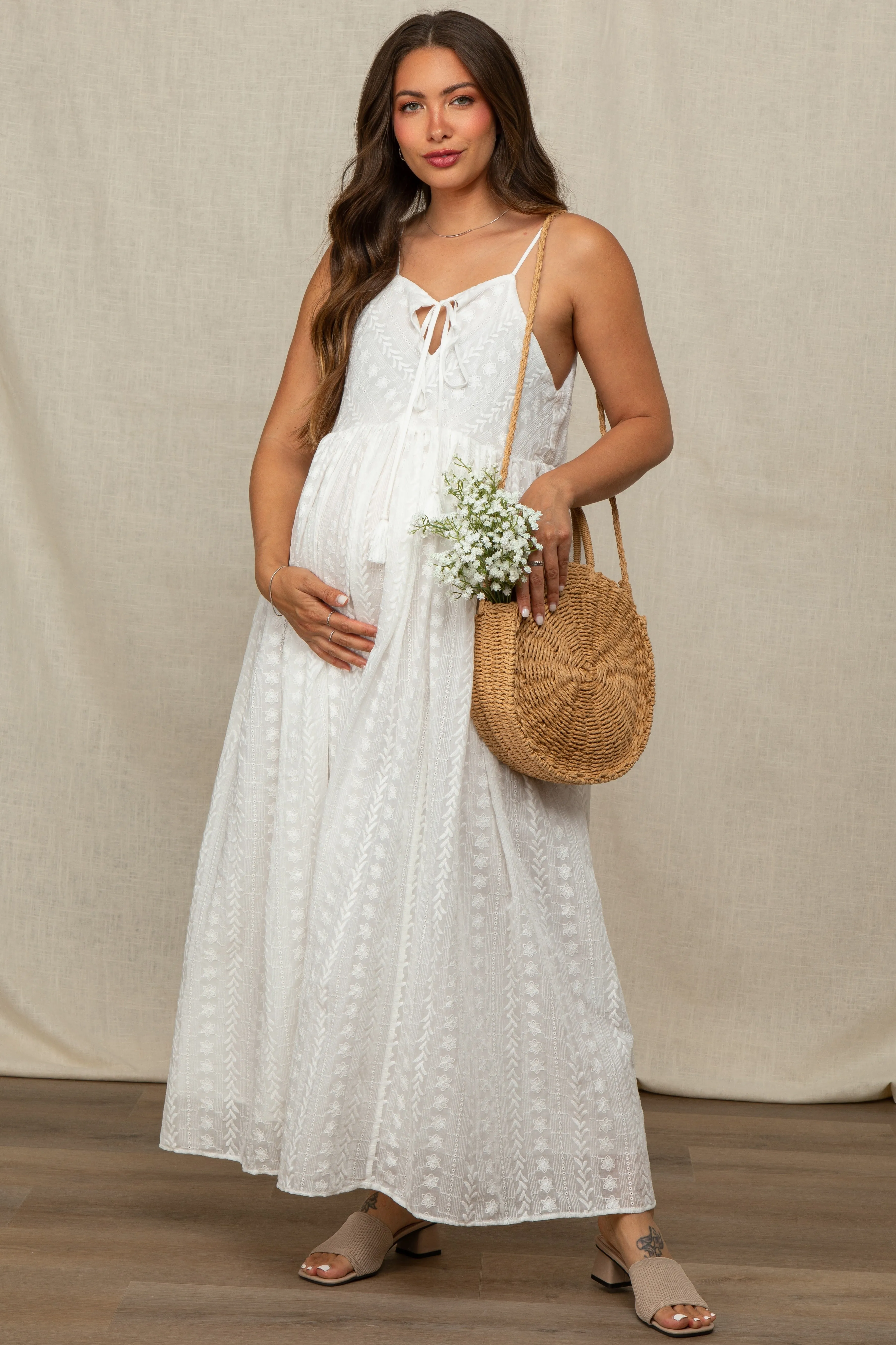Ivory Embroidered Tassel Tie Maternity Maxi Dress sold by Pinkblush
