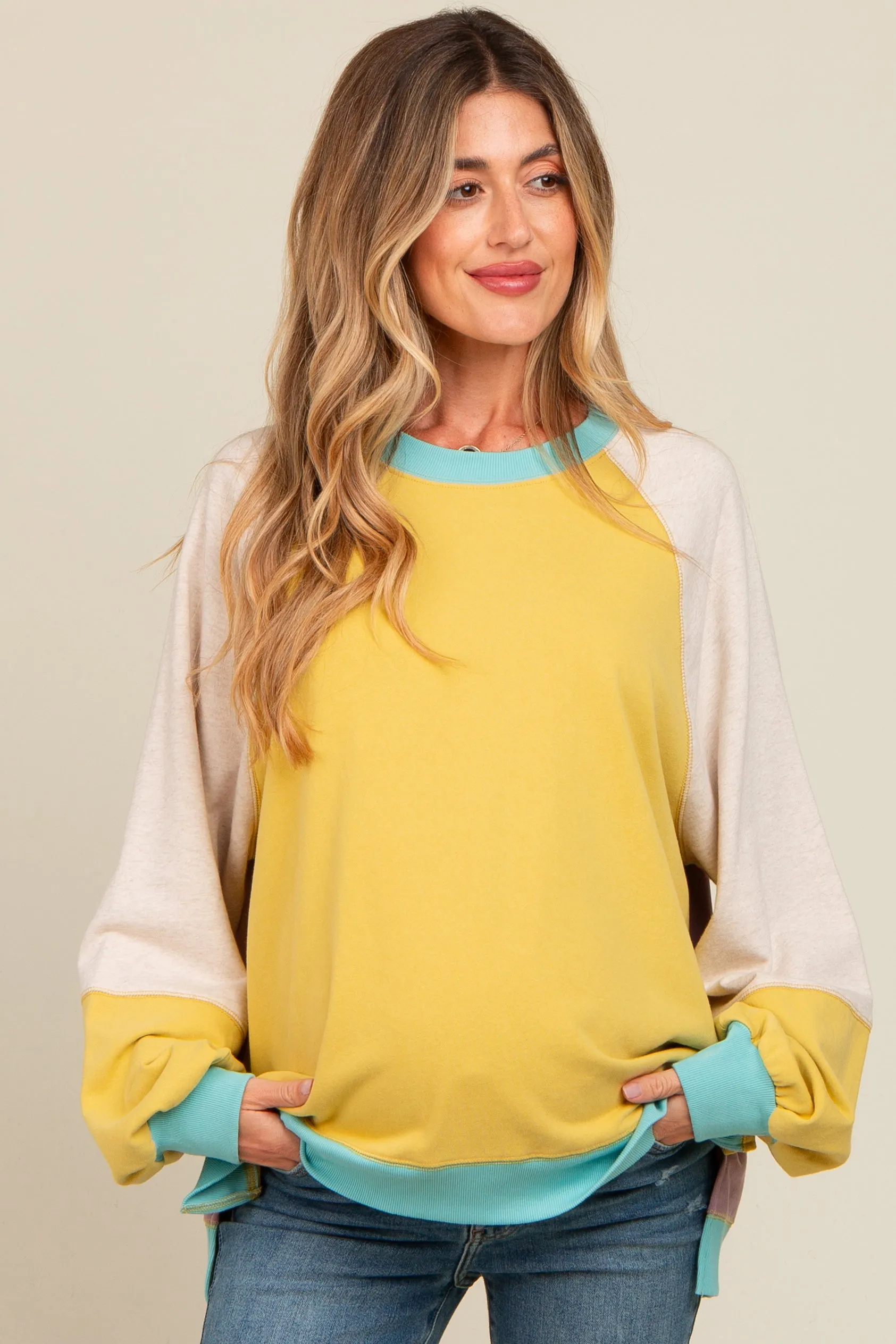 Yellow Colorblock Bubble Sleeve Maternity Pullover sold by Pinkblush product image thumbnail 2
