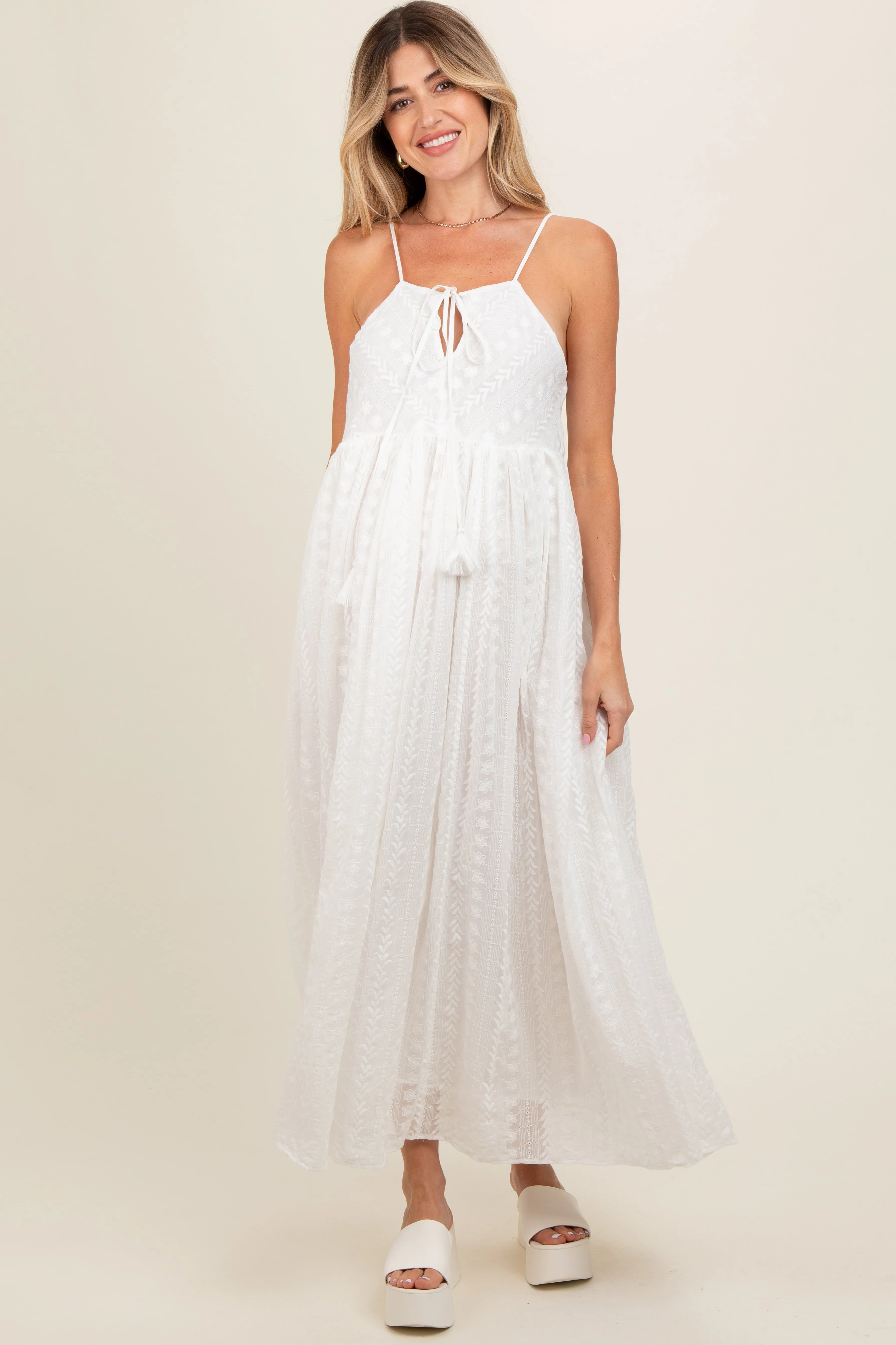 Ivory Embroidered Tassel Tie Maternity Maxi Dress sold by Pinkblush product image thumbnail 2