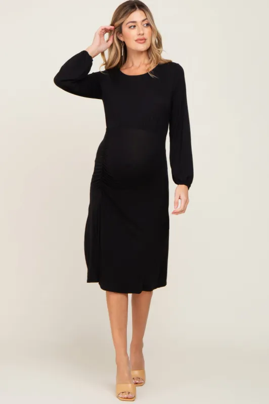 Black Long Sleeve Ruched Maternity Midi Dress sold by Pinkblush