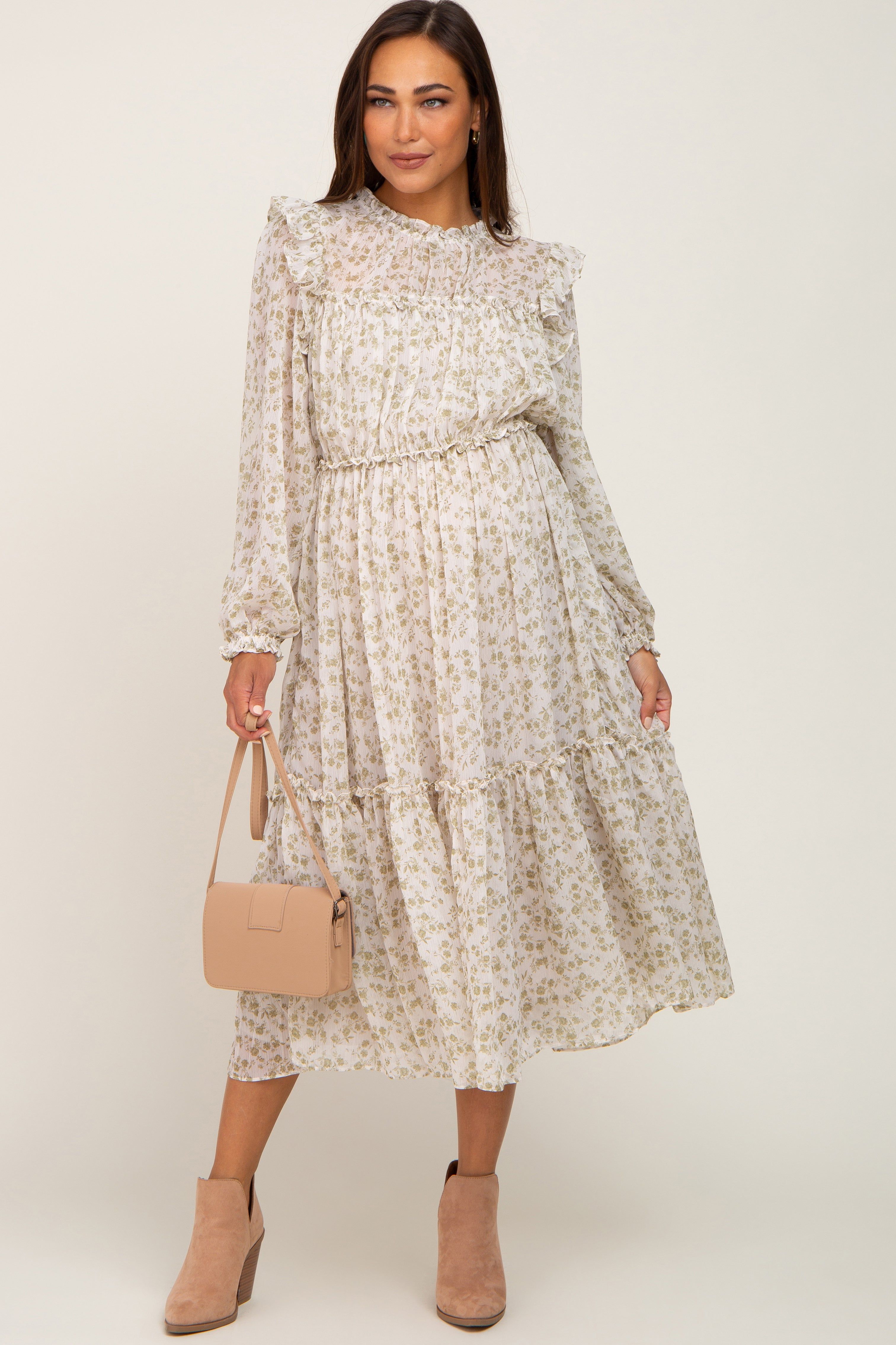 Ivory Floral Chiffon Ruffle Tiered Maternity Midi Dress sold by Pinkblush