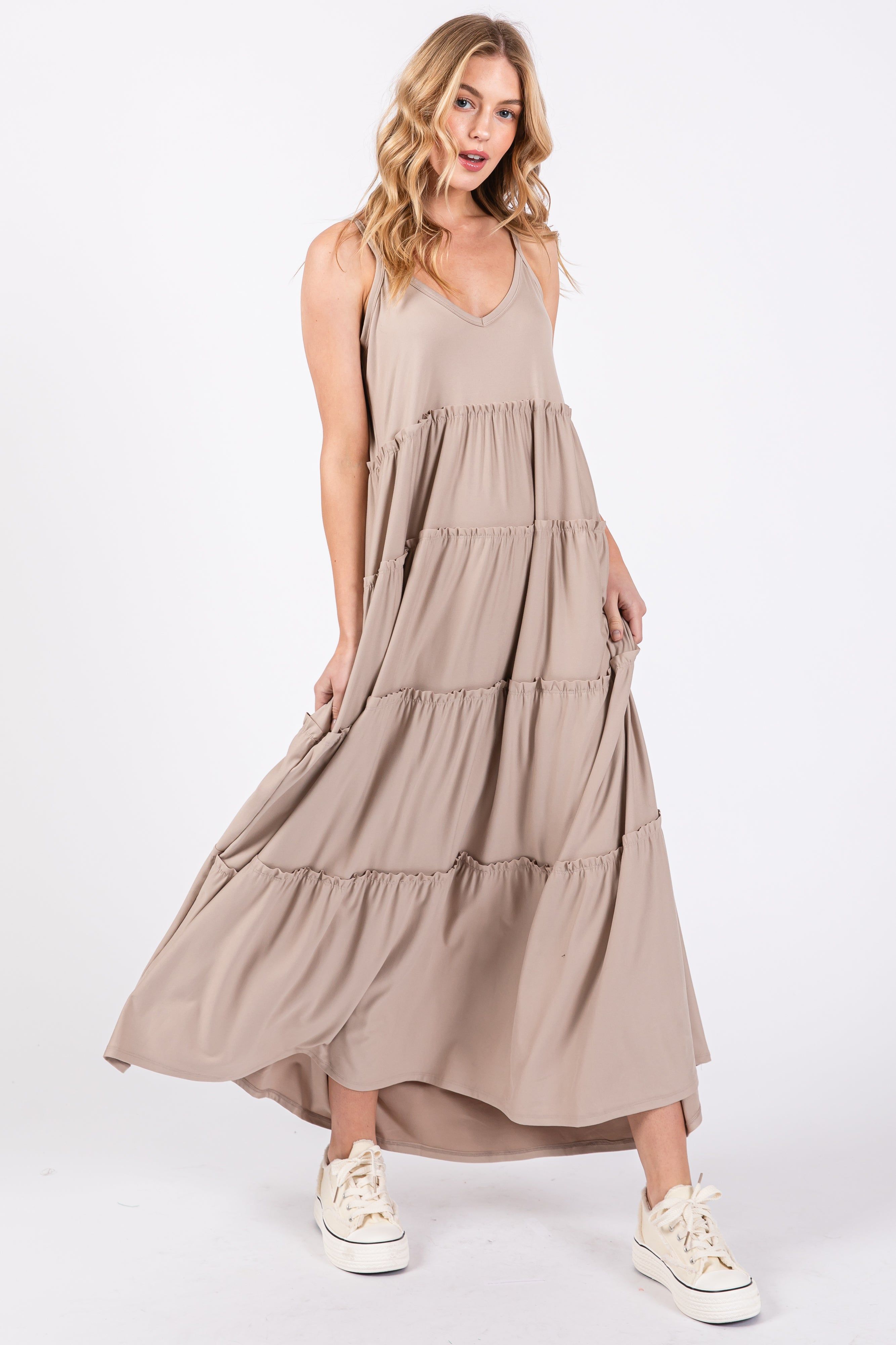 Taupe Tiered Sleeveless Maxi Dress sold by Pinkblush