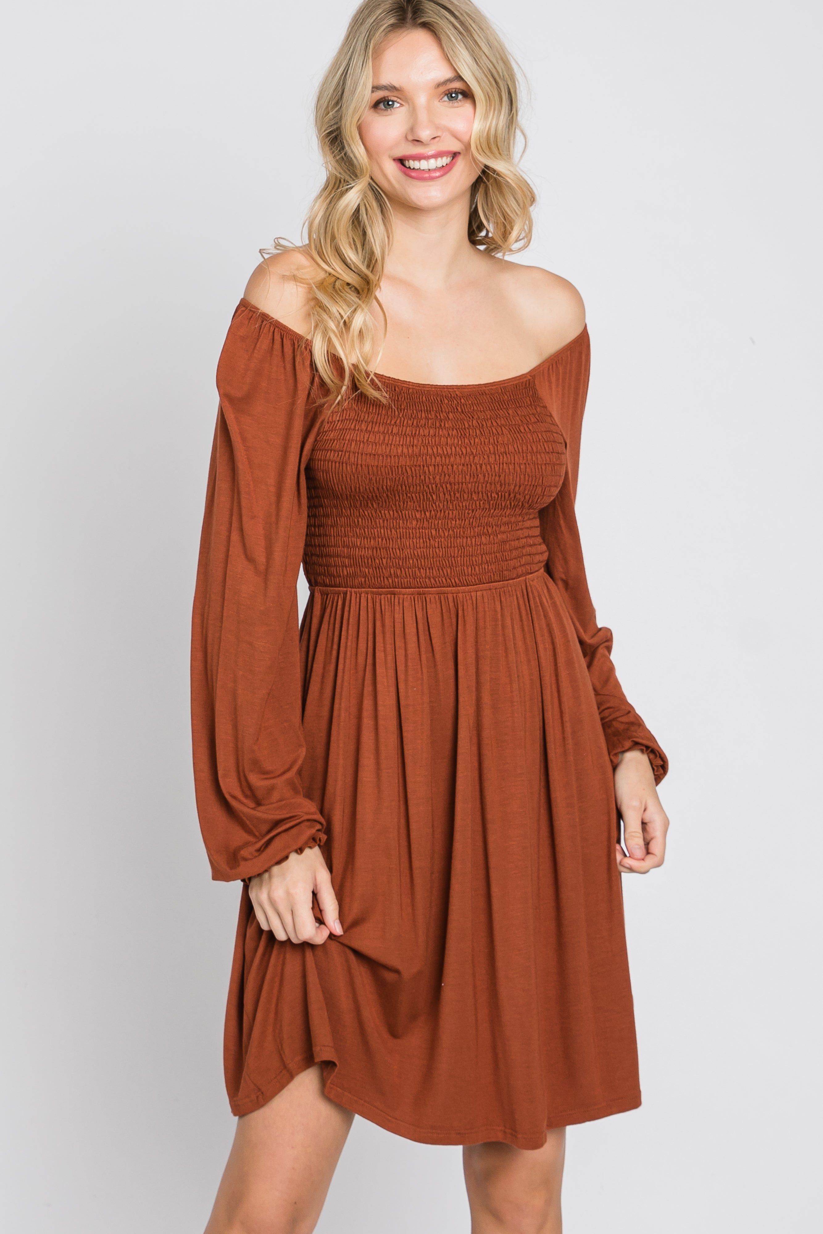 Rust Smocked Front Babydoll Dress sold by Pinkblush product image thumbnail 8
