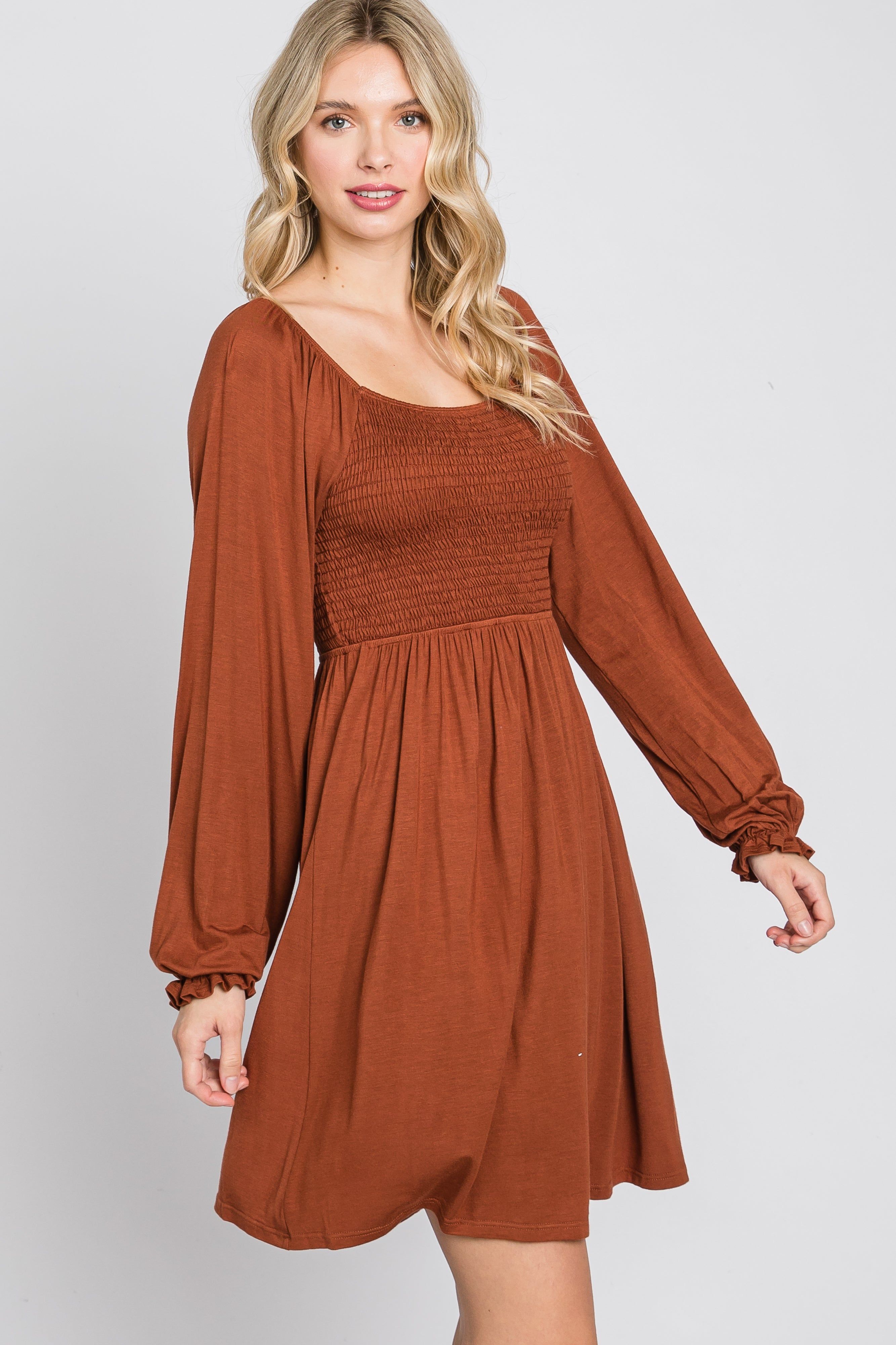 Rust Smocked Front Babydoll Dress sold by Pinkblush product image thumbnail 5