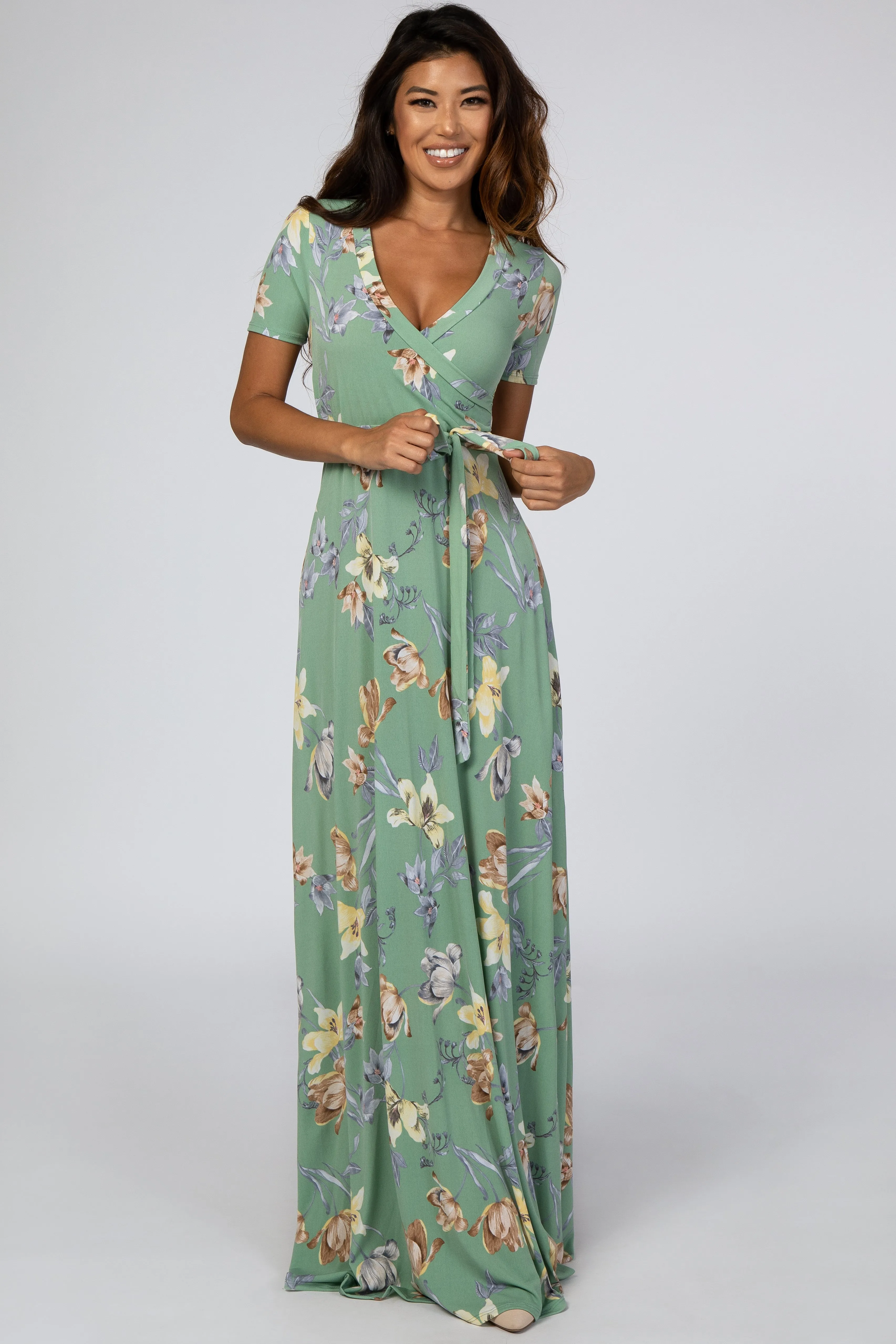Light Olive Floral Wrap Dress sold by Pinkblush