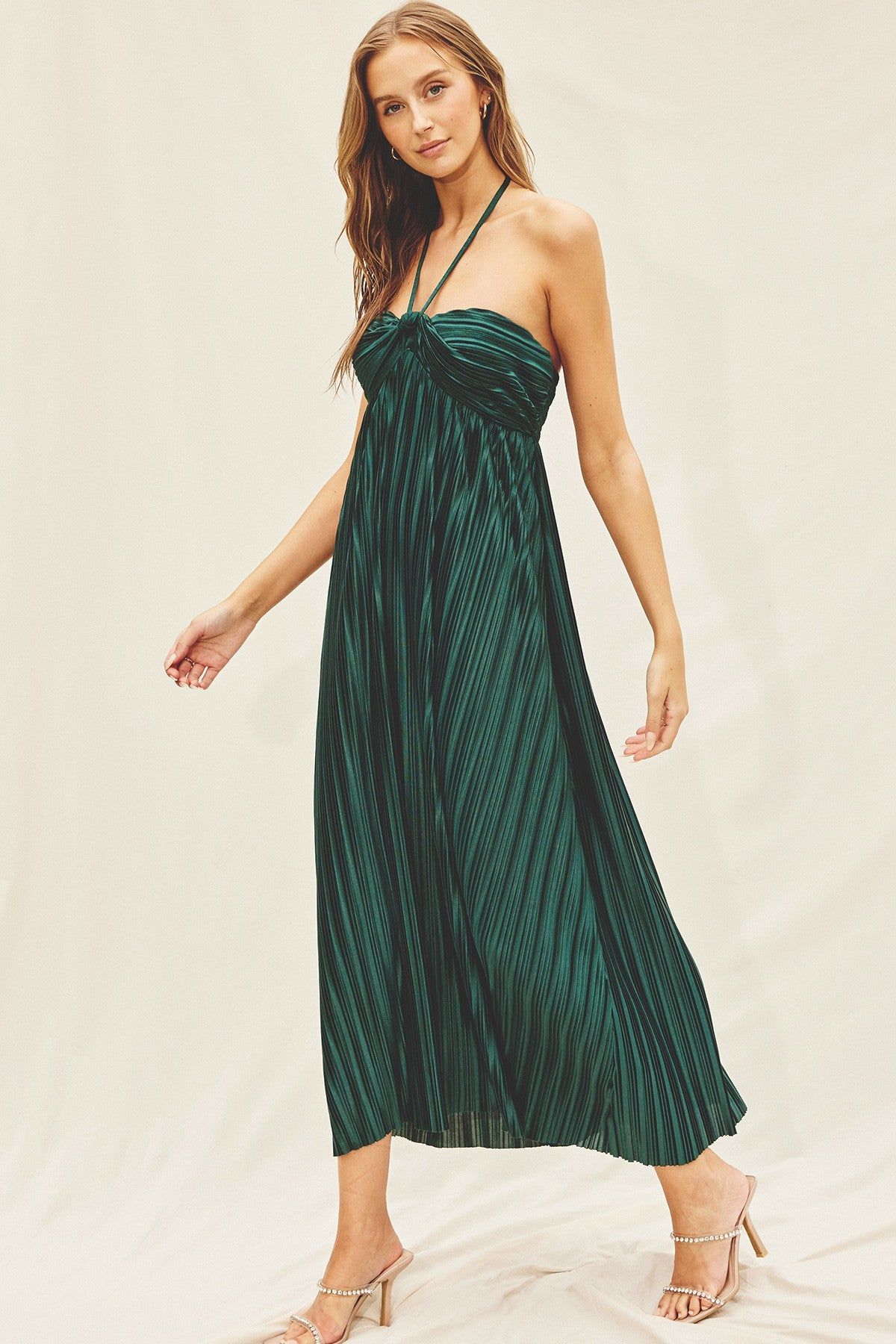 Forest Green Pleated Halter Maxi Dress sold by Pinkblush