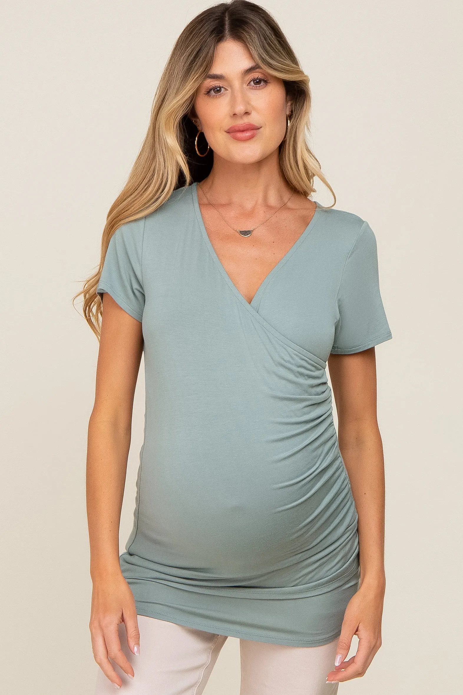 Mint Wrap Front Maternity/Nursing Top sold by Pinkblush