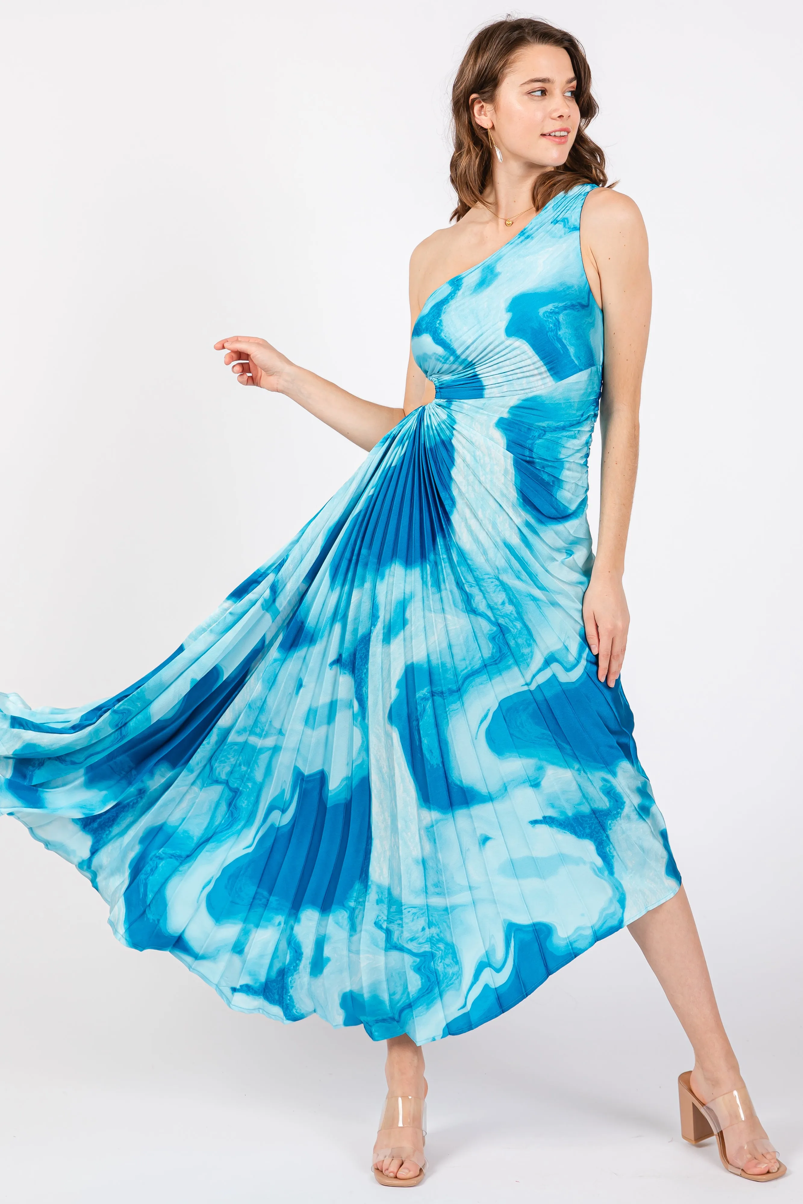 Blue Watercolor Satin Pleated One-Shoulder Asymmetrical Maternity Midi Dress sold by Pinkblush product image thumbnail 4
