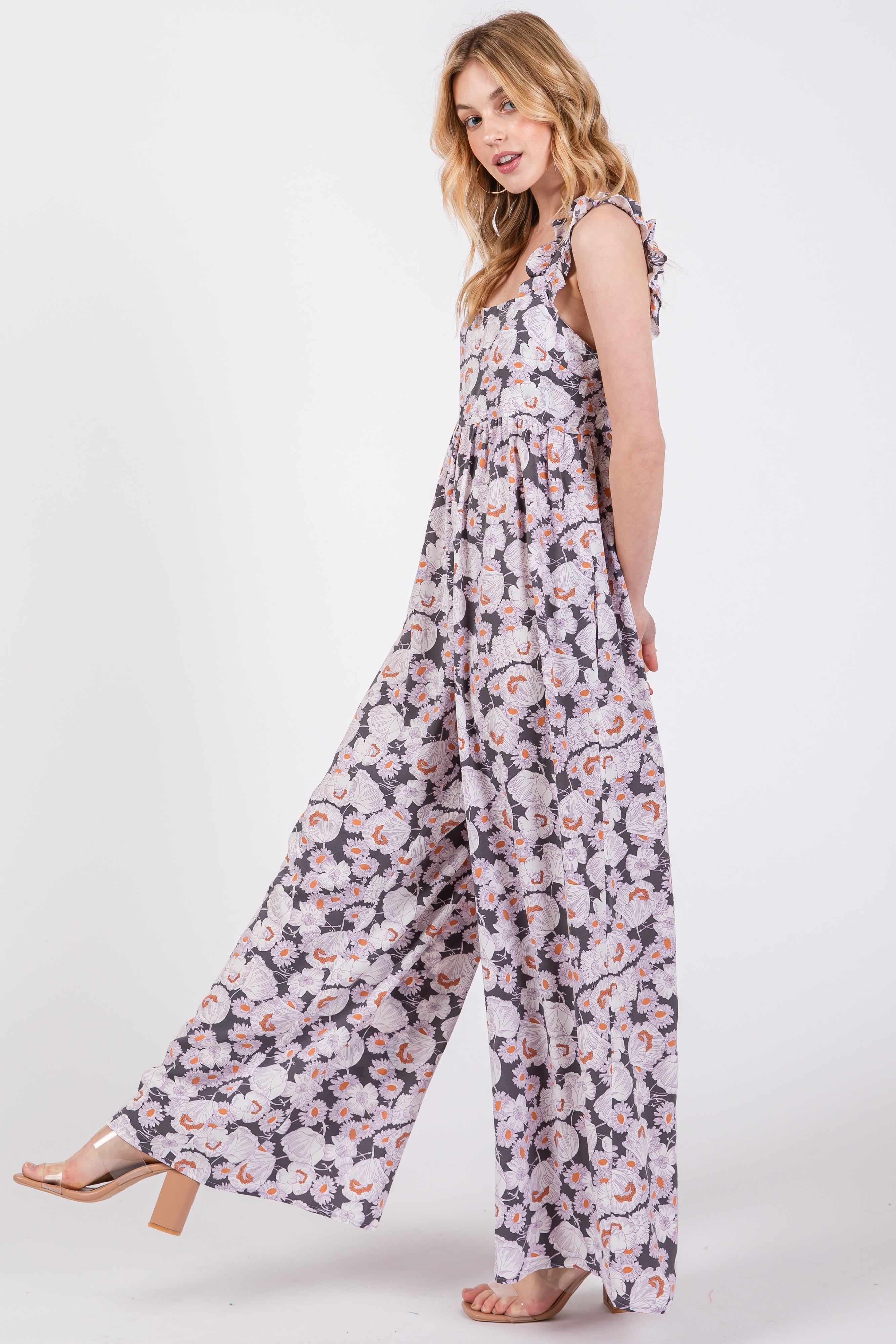 Charcoal Floral Sleeveless Tie Back Jumpsuit sold by Pinkblush product image thumbnail 2